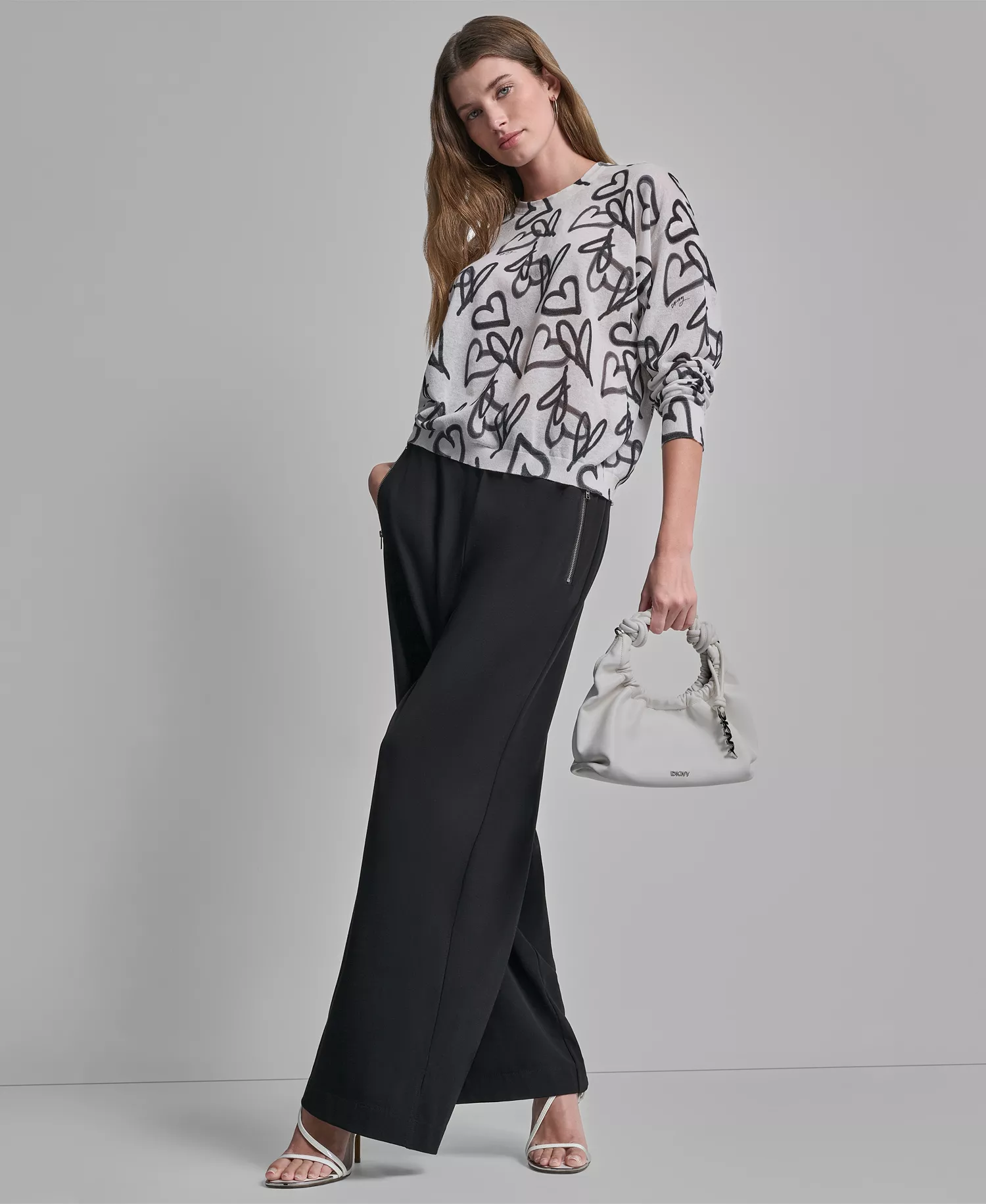 Women's Long-Sleeve Printed Crew Neck Sweater - Ivory/Black - L