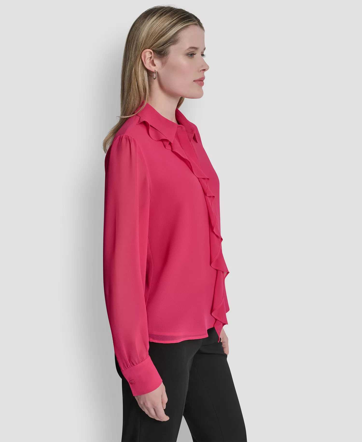 Women's Ruffled Long-Sleeve Shirt - Hot Pink - L