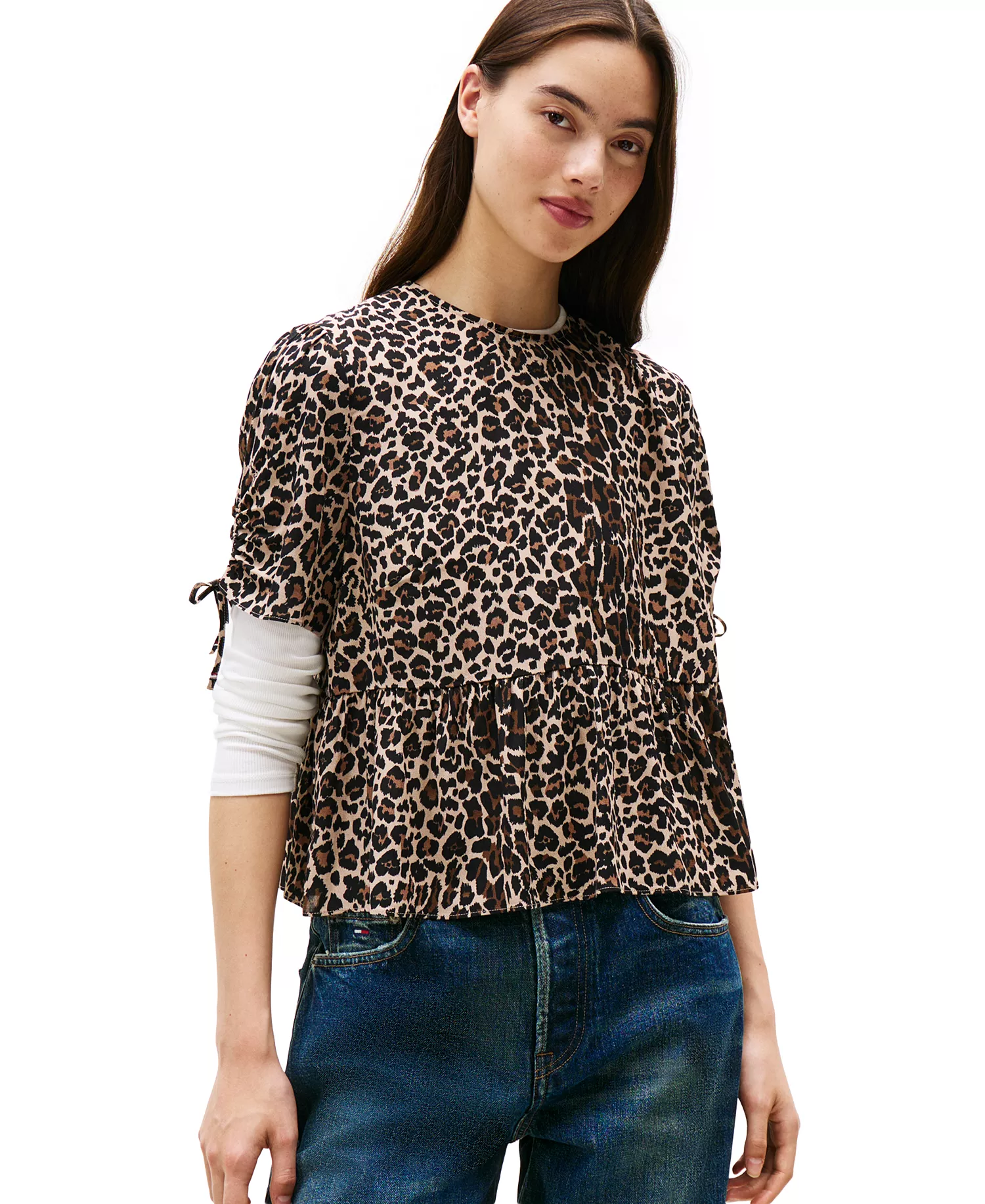 Women's Leopard-Print Tie-Sleeve Blouse - Leopard Aop - L