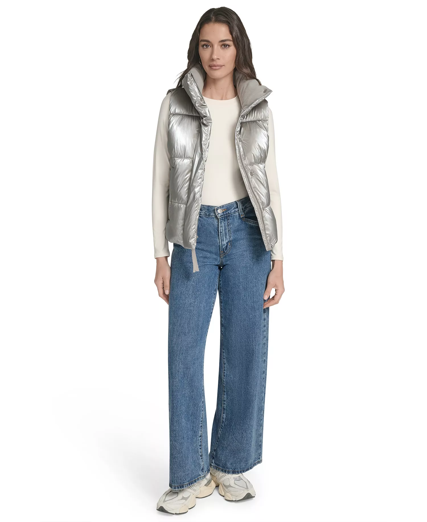 Women's Regular Stand Collar Puffer Vest Jacket - Silver - L