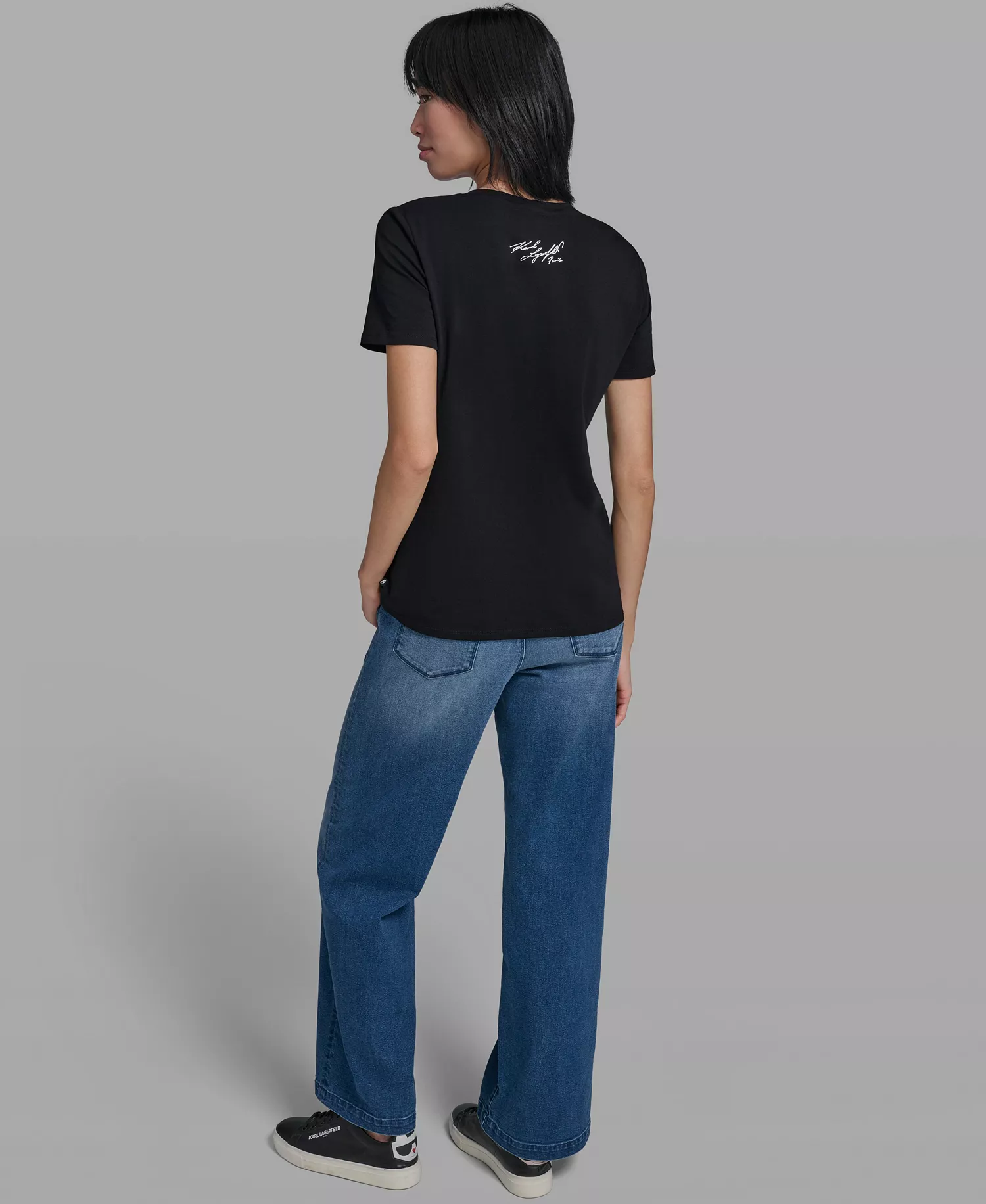 Women's Crew Neck Denim Flower T-Shirt - Black - L
