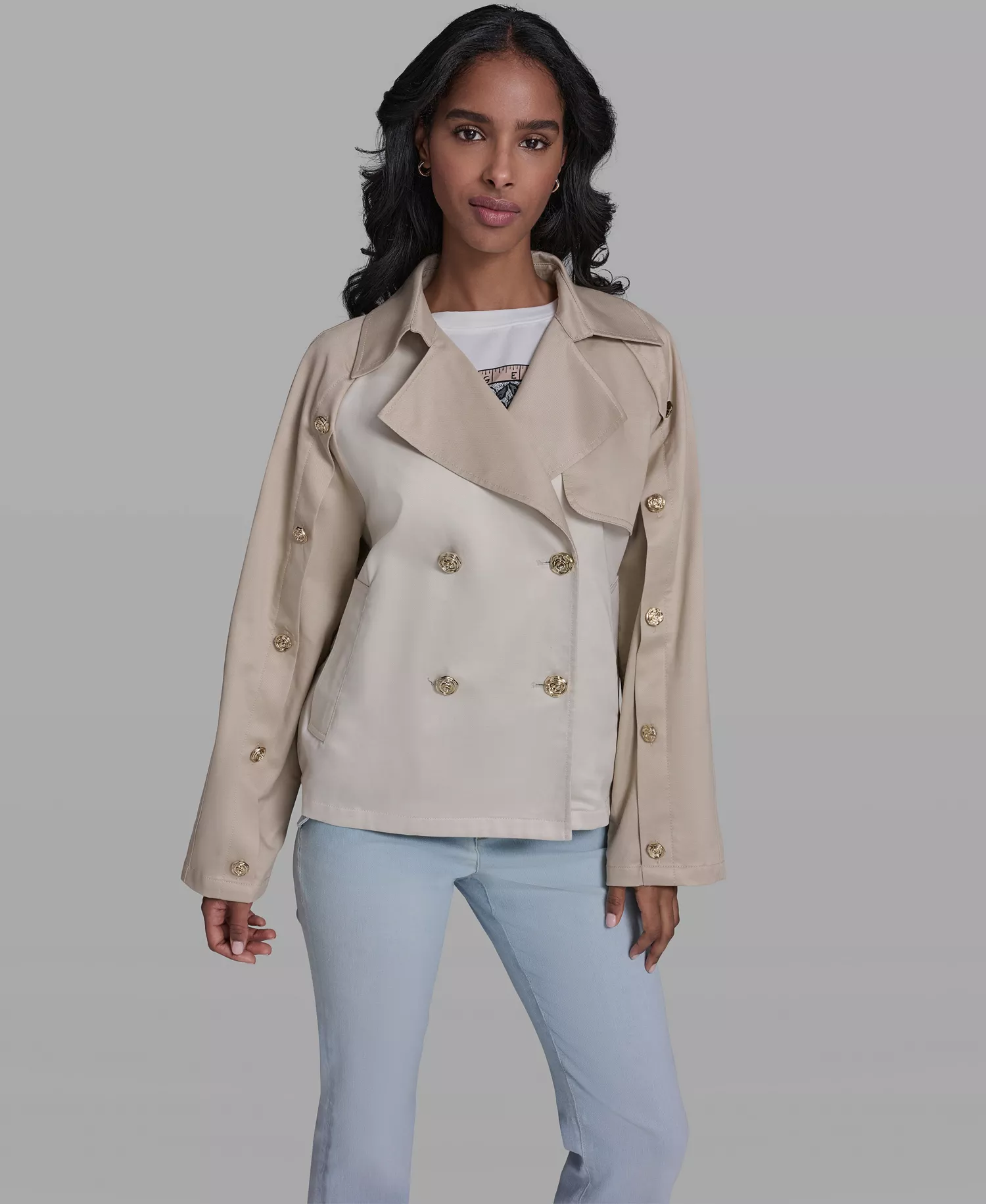 Women's Crop Trench Button-Sleeve Quilted Back Jacket - French Beige - L