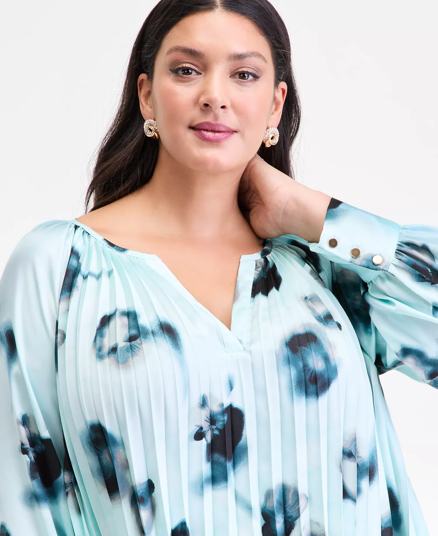 Plus Size Printed Pleated Split-Neck Blouse, Macy's Exclusive  - Millie Garden - 0X