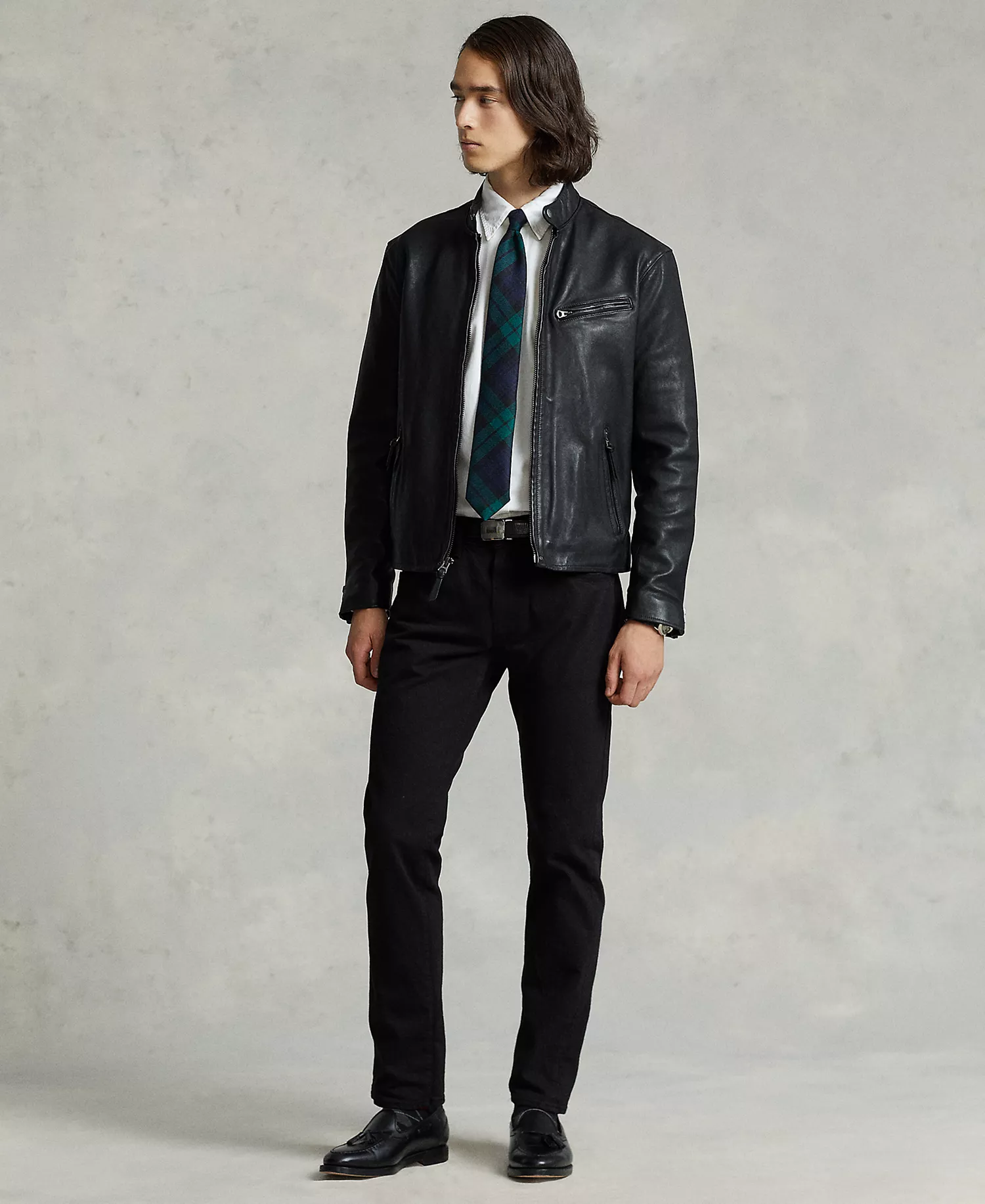 Men's Café Racer Leather Jacket - Polo Black - 2XL