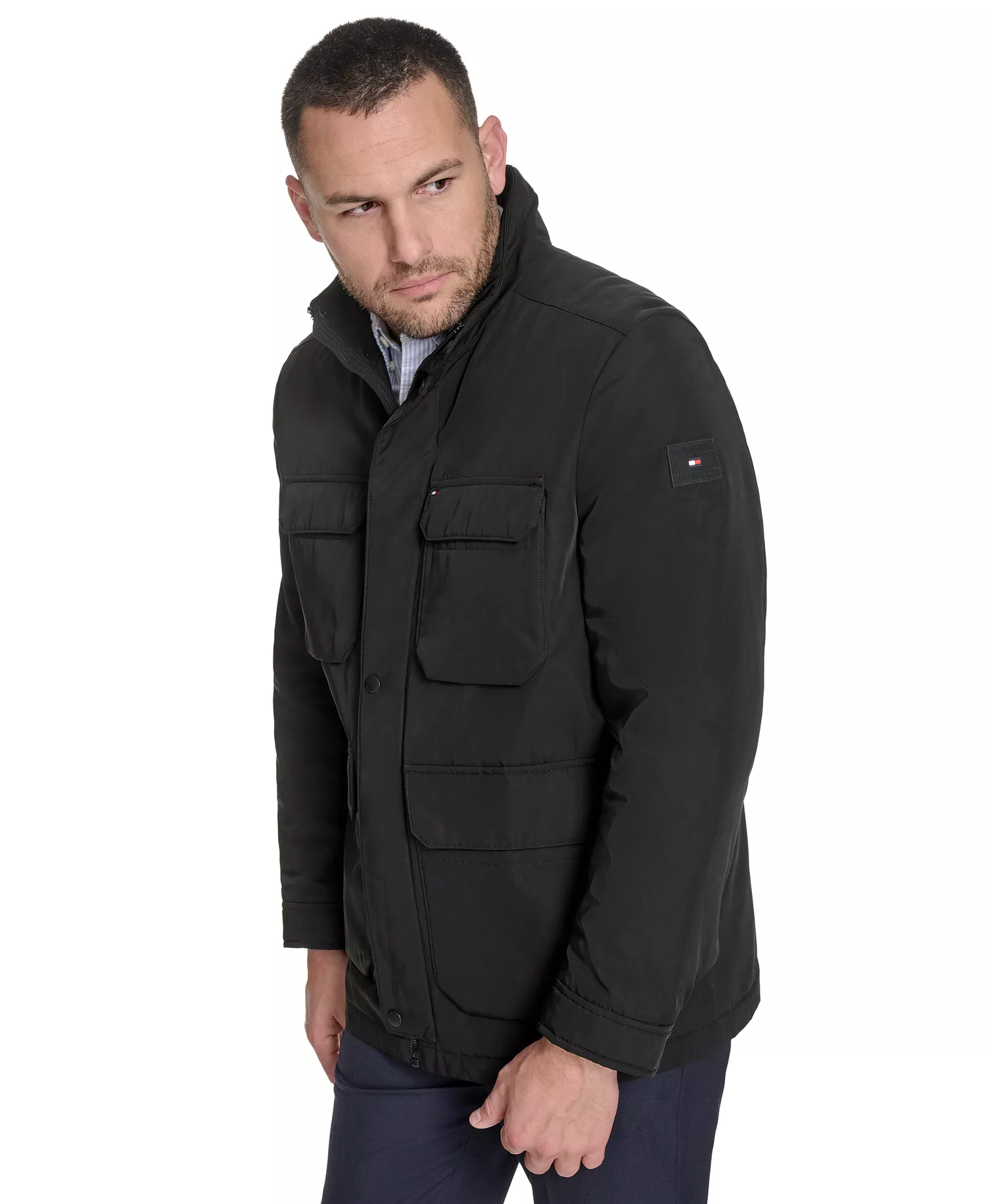 Men's Four Pocket Military-Inspired Field Jacket - Black - 2XL