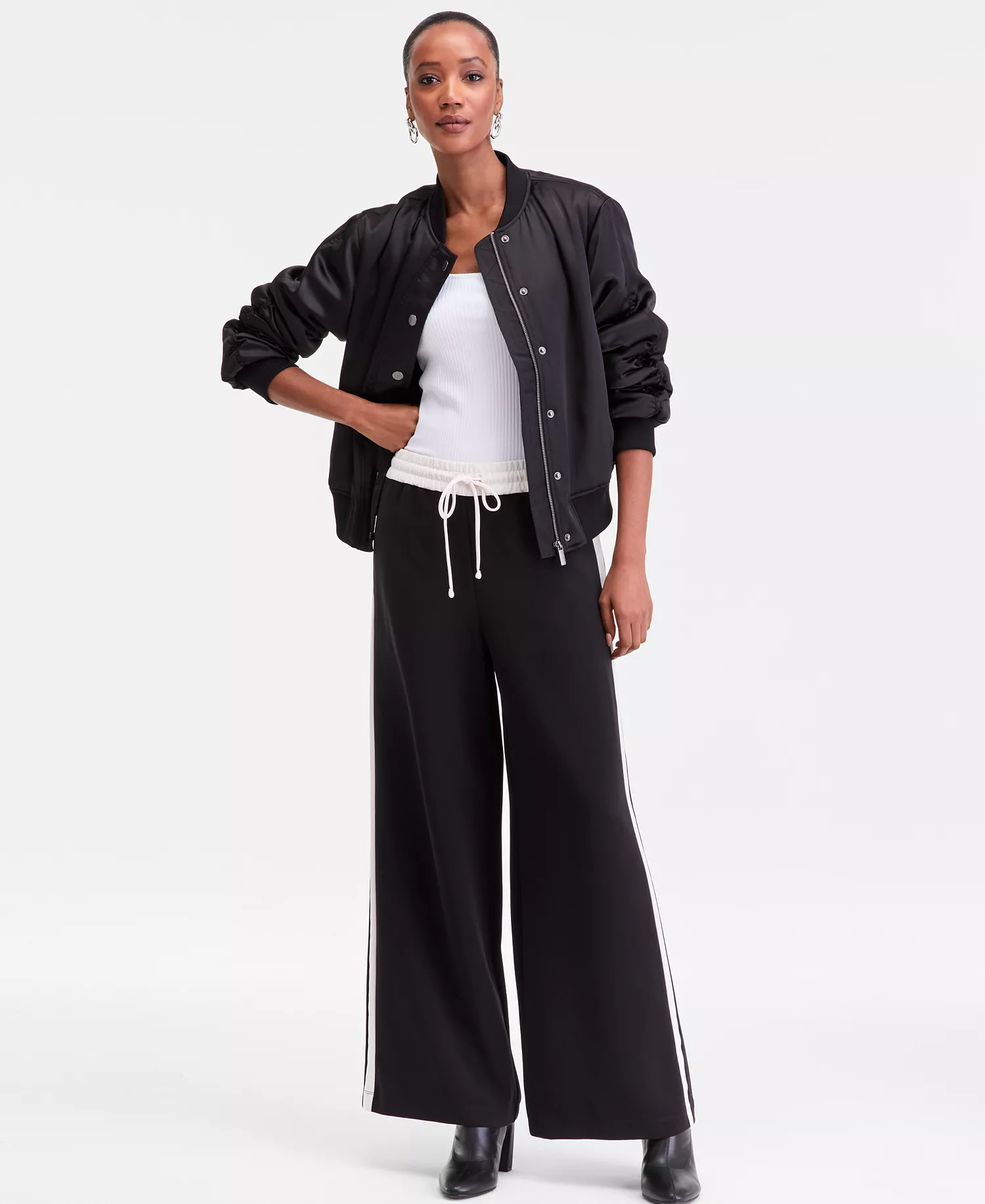 Women's Wide-Leg Side-Stripe Drawstring  Pants, Macy's Exclusive - Deep Black - L