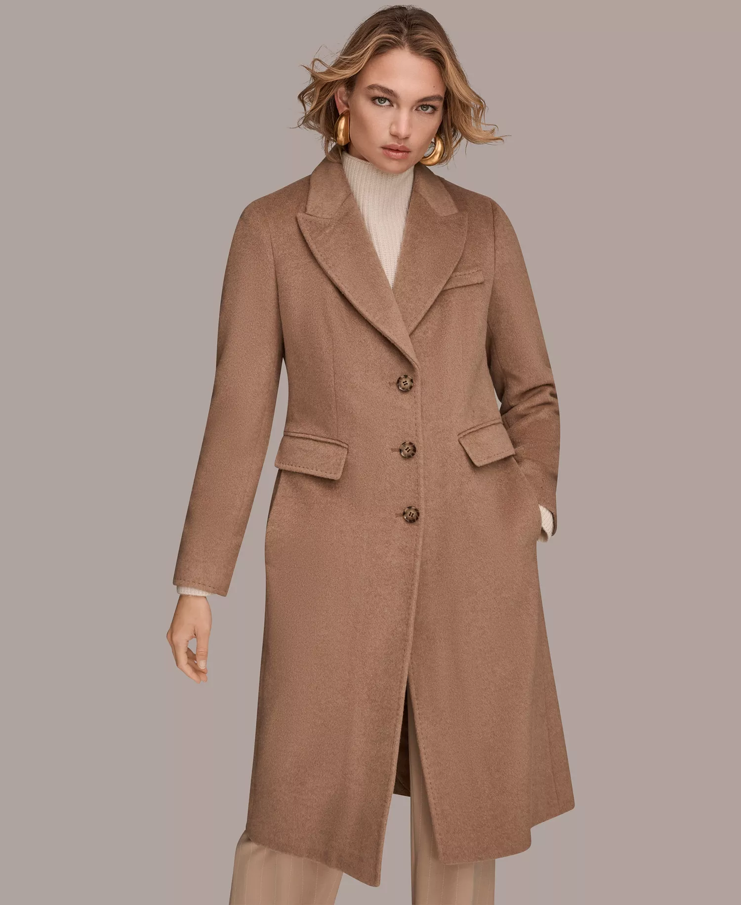 Women's Single-Breasted Stitch Trimmed Coat - Camel - L