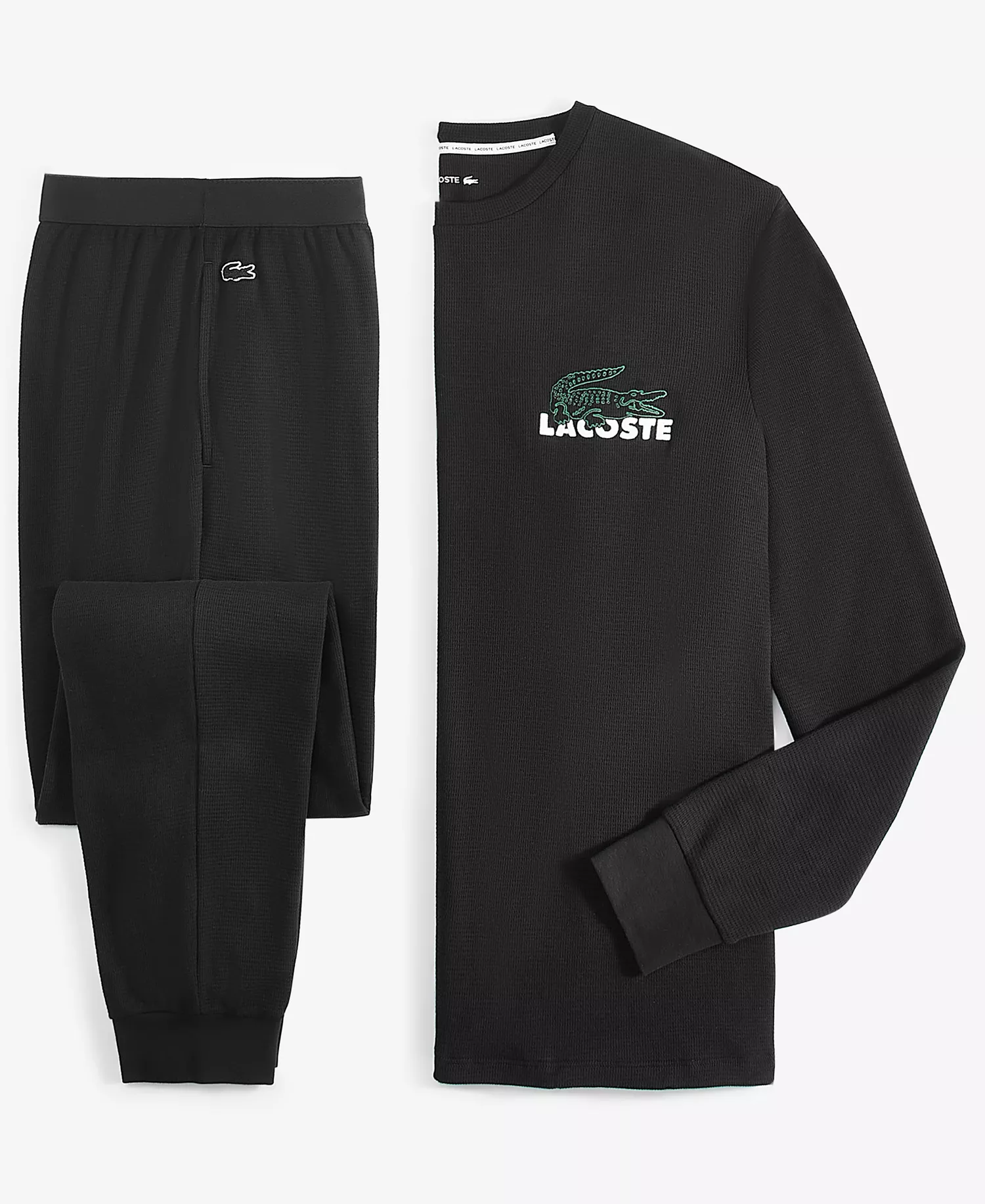 Men's Thermal Sleep Waffle Hoodie, Straight-Fit Knit Joggers & Large Croc Thermal Sleep Shirt - Black - 2XL