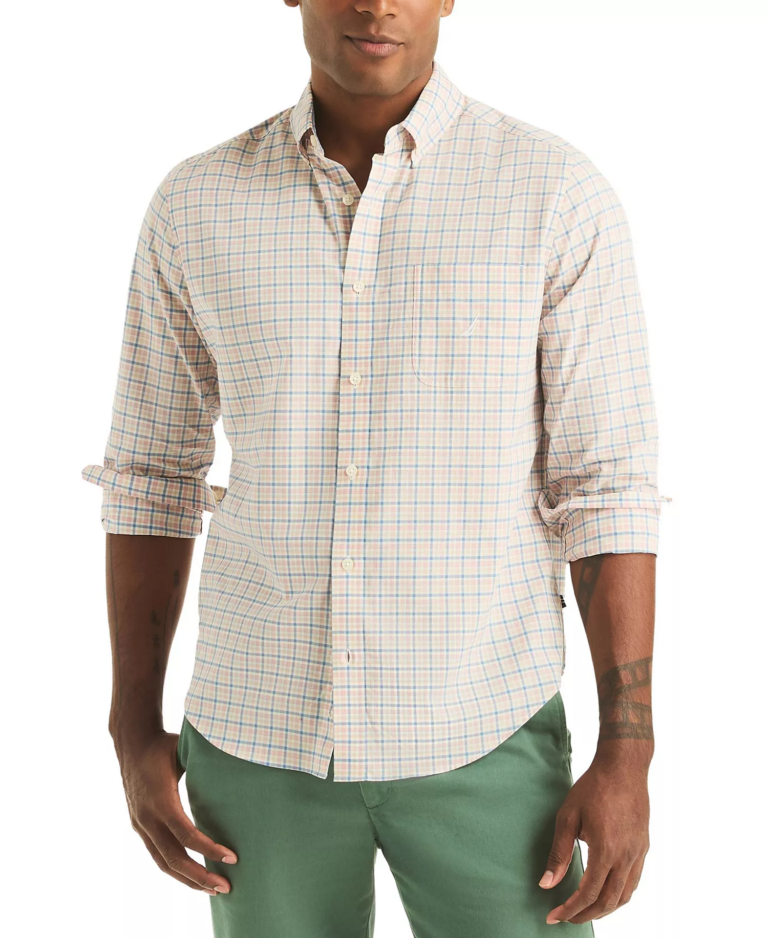 Men's Plaid Long-Sleeve Plaid Shirt - Dessert Cream Mint - 2XL