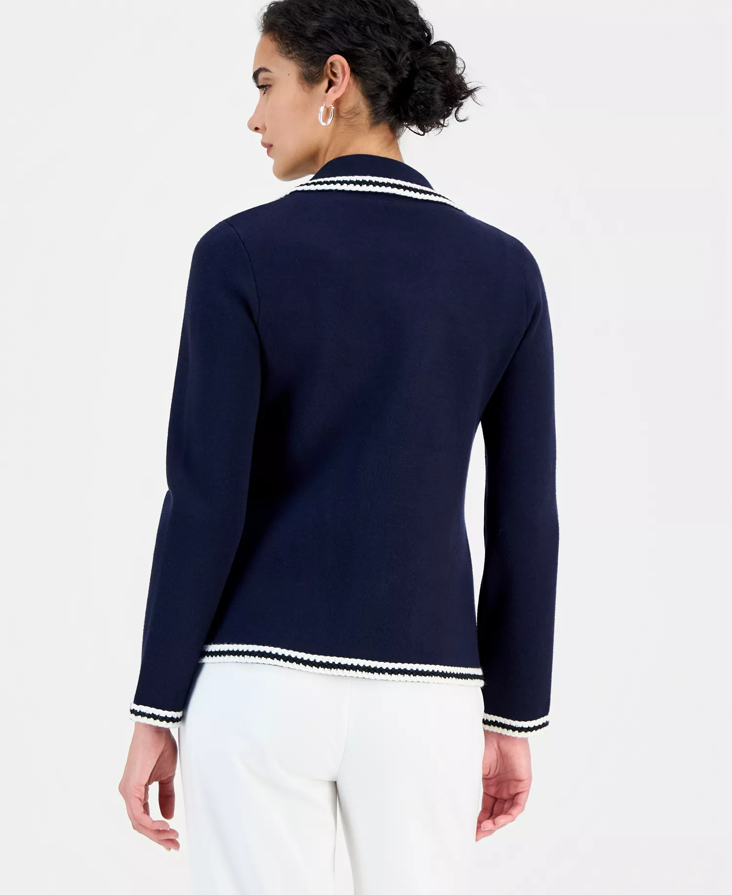Women's Three-Button Colorblocked-Trim Jacket - Navy/white - L