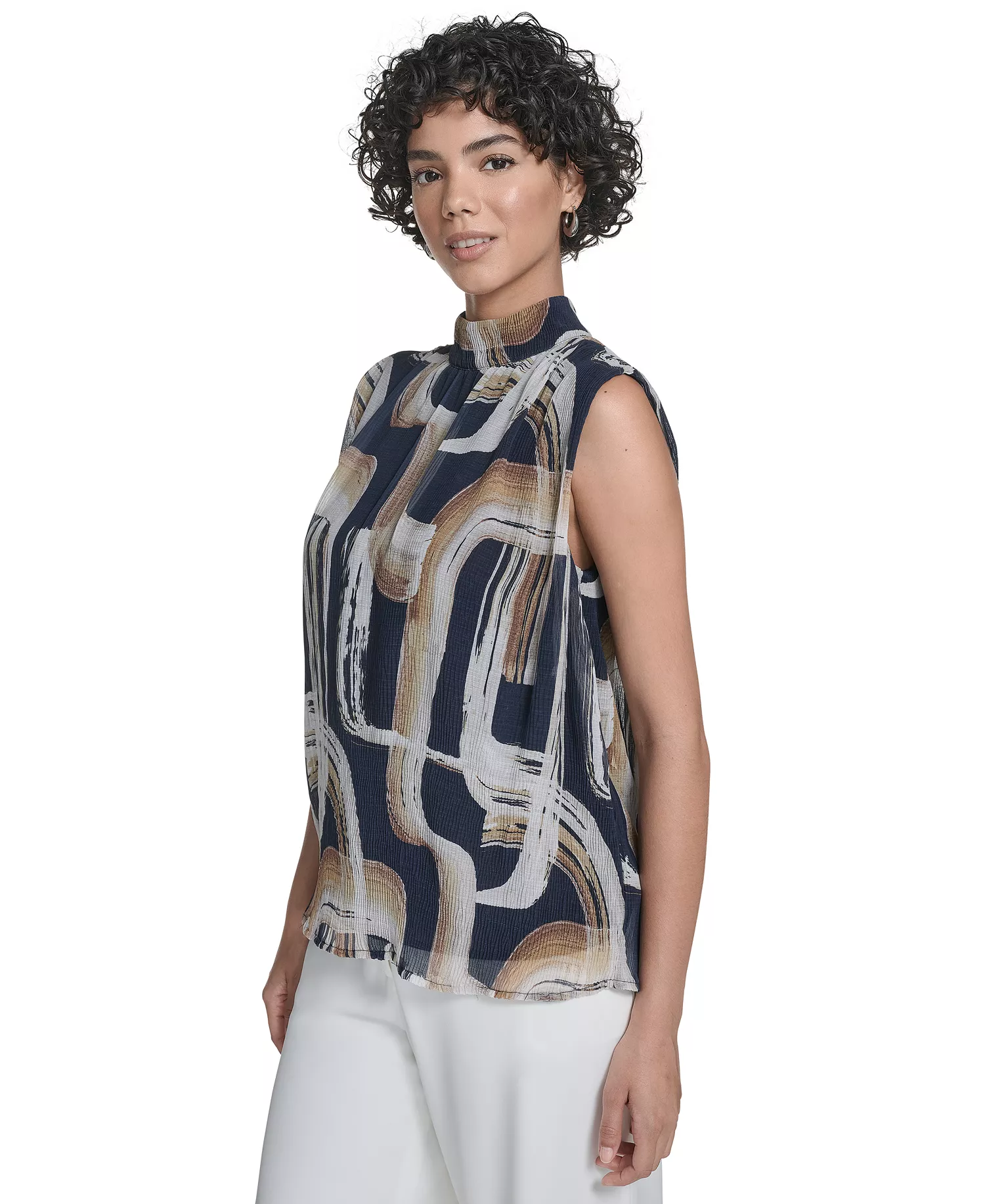 Women's Printed Mock-Neck Sleeveless Blouse - Navy Multi - L