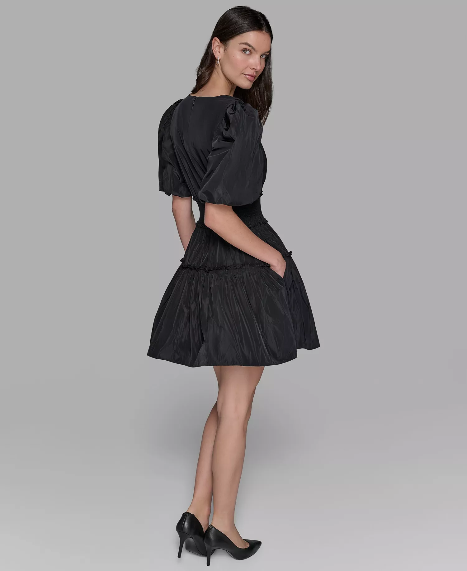 Women's Short-Sleeve Taffeta Fit & Flare Dress - Black - 10