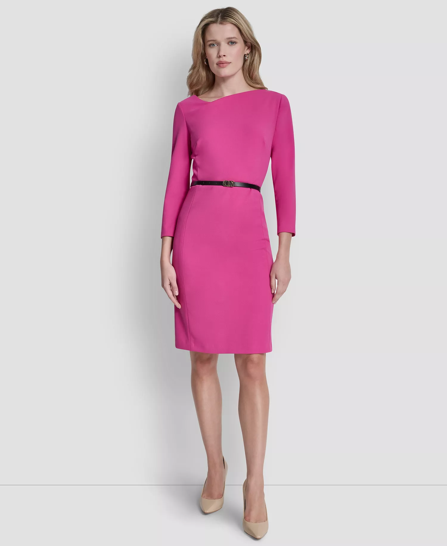 Petite Asymmetrical Neck 3/4-Length Dress - Rose Voilet - 10P