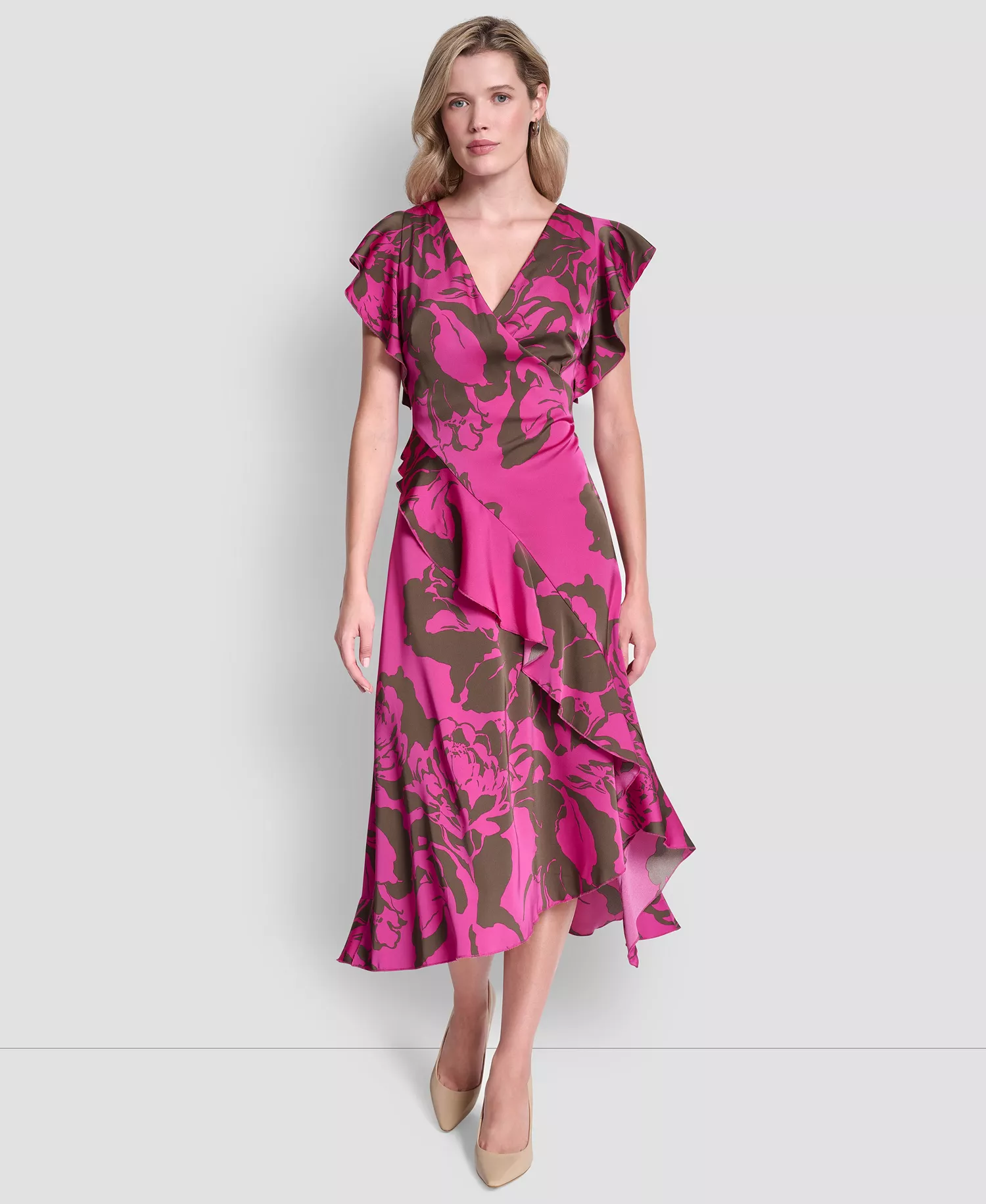 Women's Cap-Sleeve Surplice Neck Ruffle Midi Dress - Rose Violet/Morel - 10