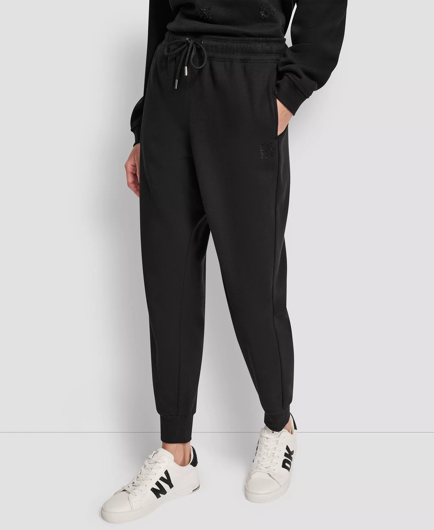 Women's Stacked Mini Rhinestone Logo Relaxed Cuff Jogger - Black/Black - L