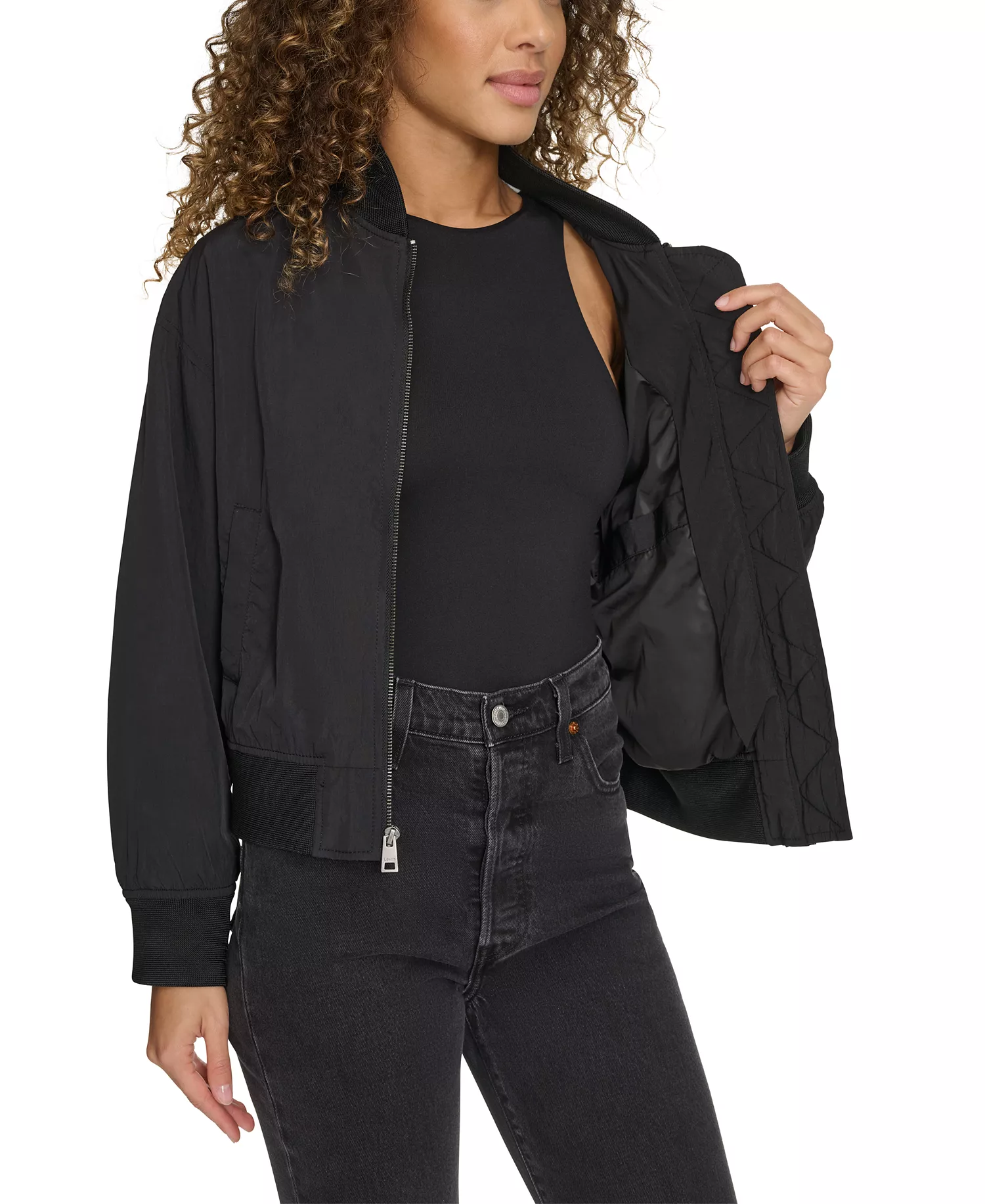 Women's Relaxed Zip-Front Ribbed-Hem Bomber Jacket - Black - L