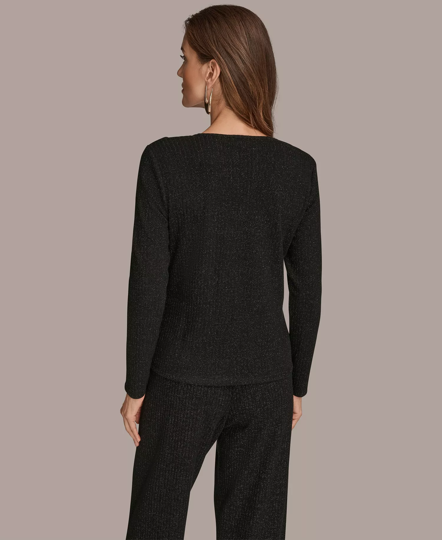 Women's Long Sleeve Metallic Rib Knit Top - Black - S