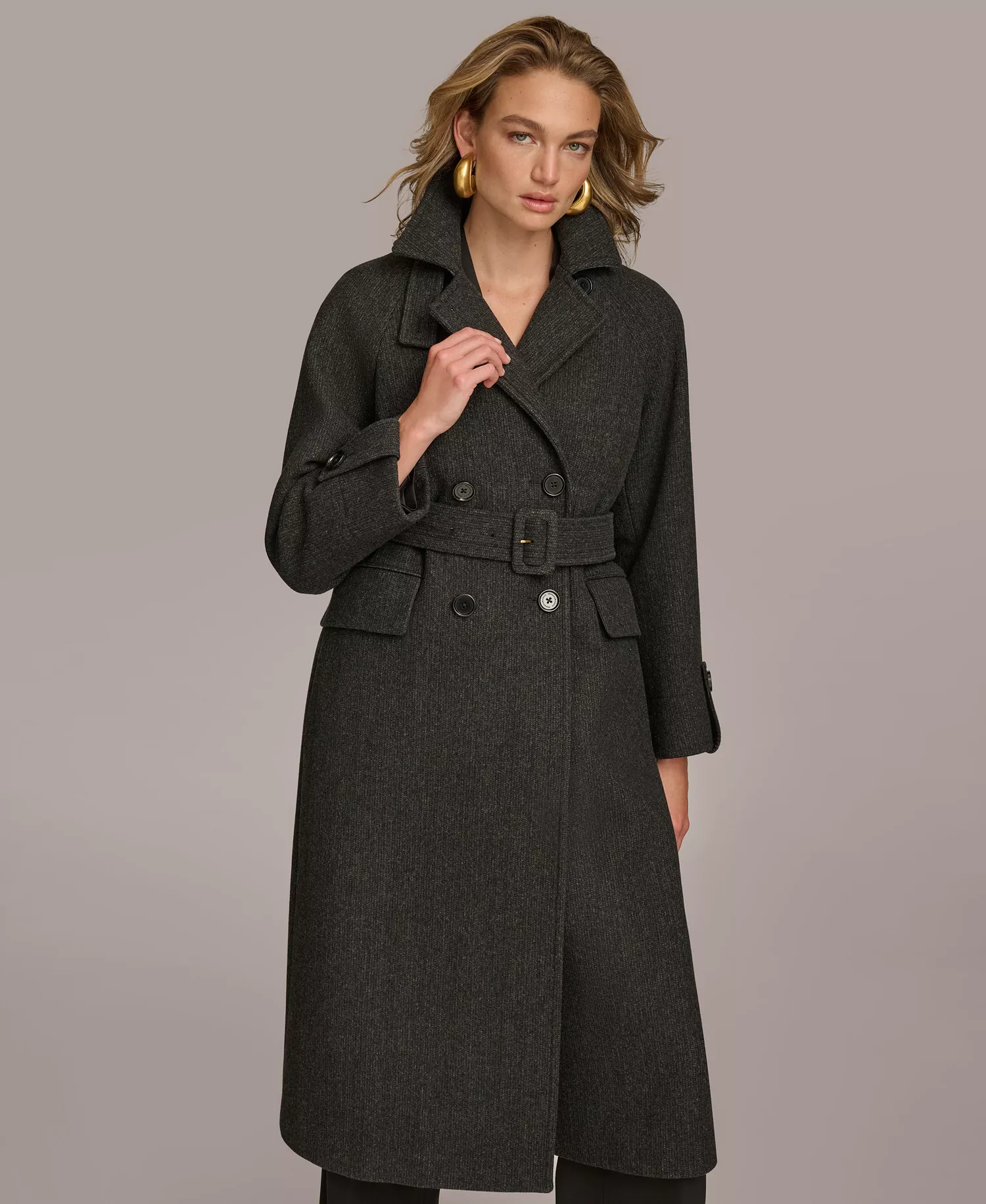 Women's Double-Breasted Belted Wrap Coat - Black - L