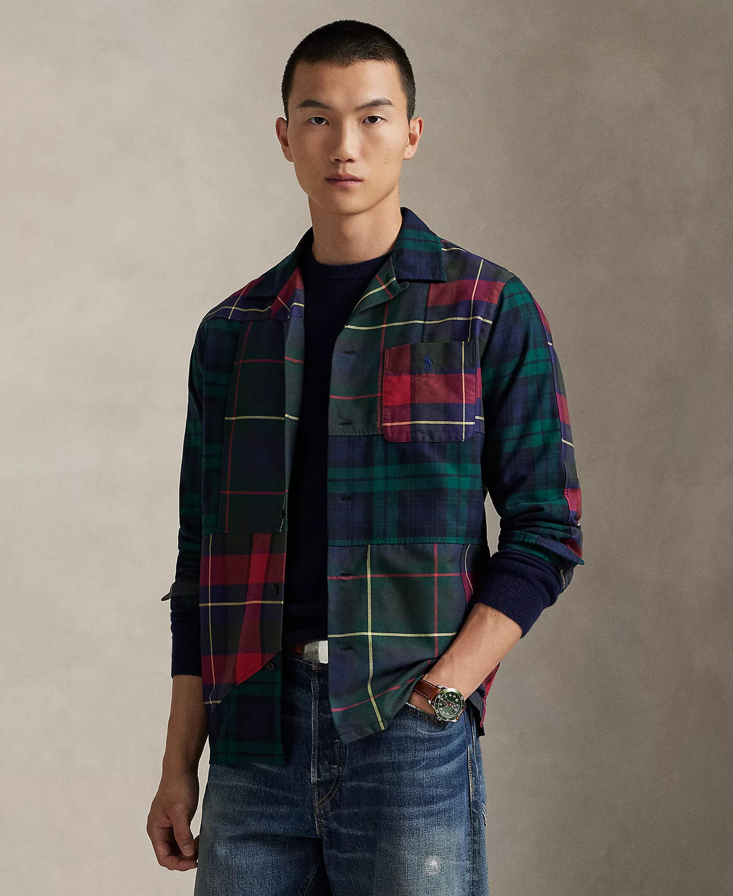 Men's Patchwork Oxford Camp Shirt - Tartan Pieced Shirt - XS