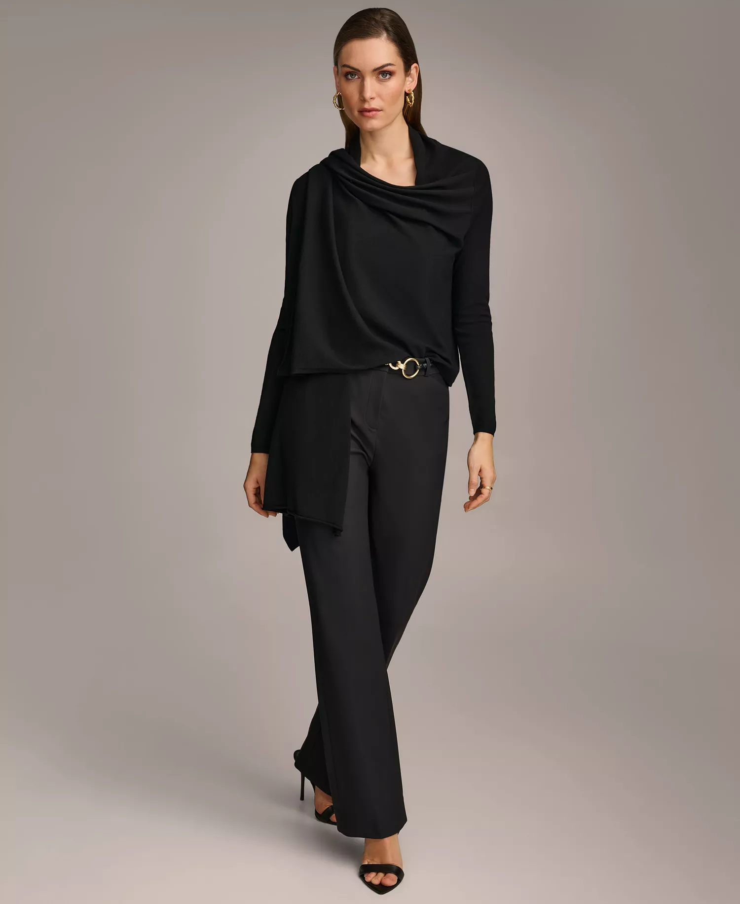 Women's Long-Sleeve Drape-Front Cardigan - Black - L