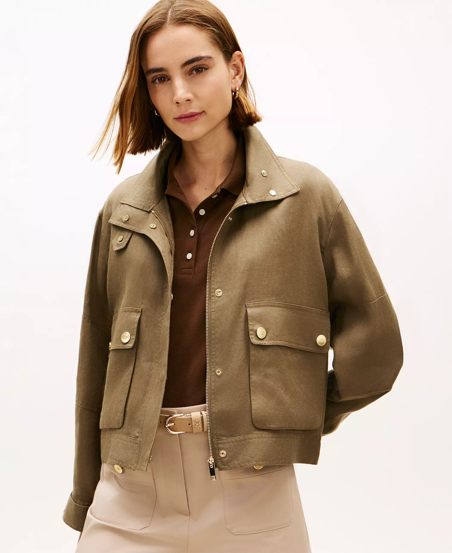 Women's Front-Zip Linen Utility Jacket - Tan - L