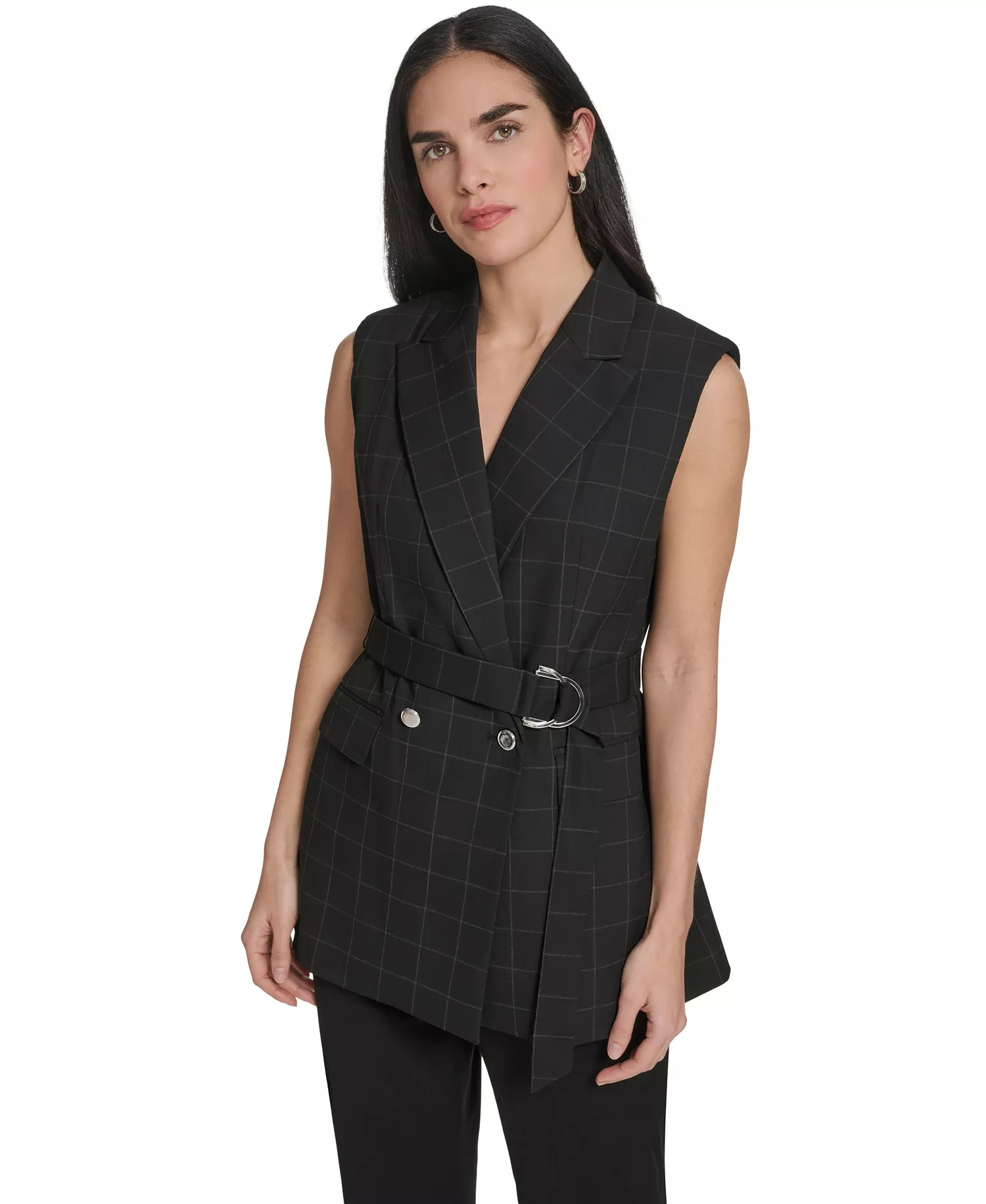 Women's Windowpane Tie-Waist Vest - Black/white - 0