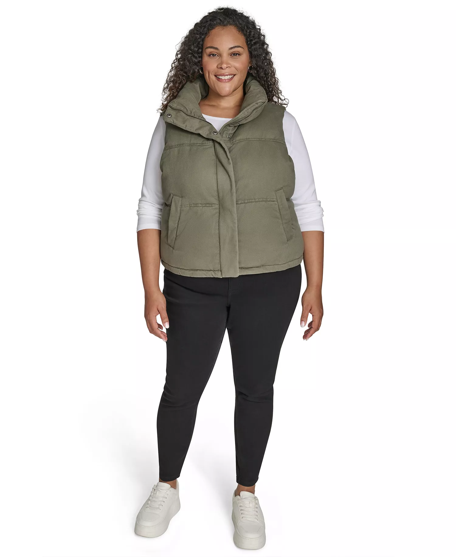 Plus Size Sleeveless Short Puffer Vest - Light Olive - 1X