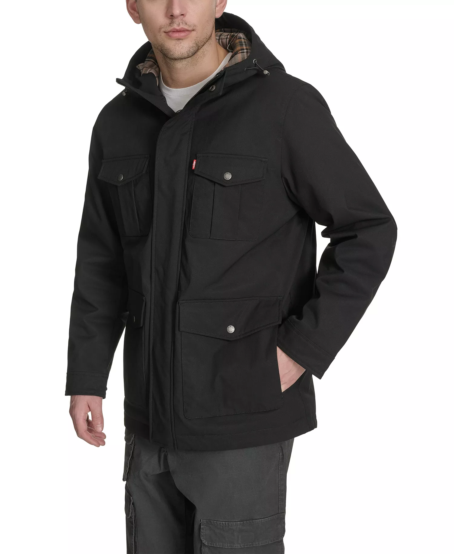 Men's Field Parka with Plaid Lining Jacket - Black - 2XL