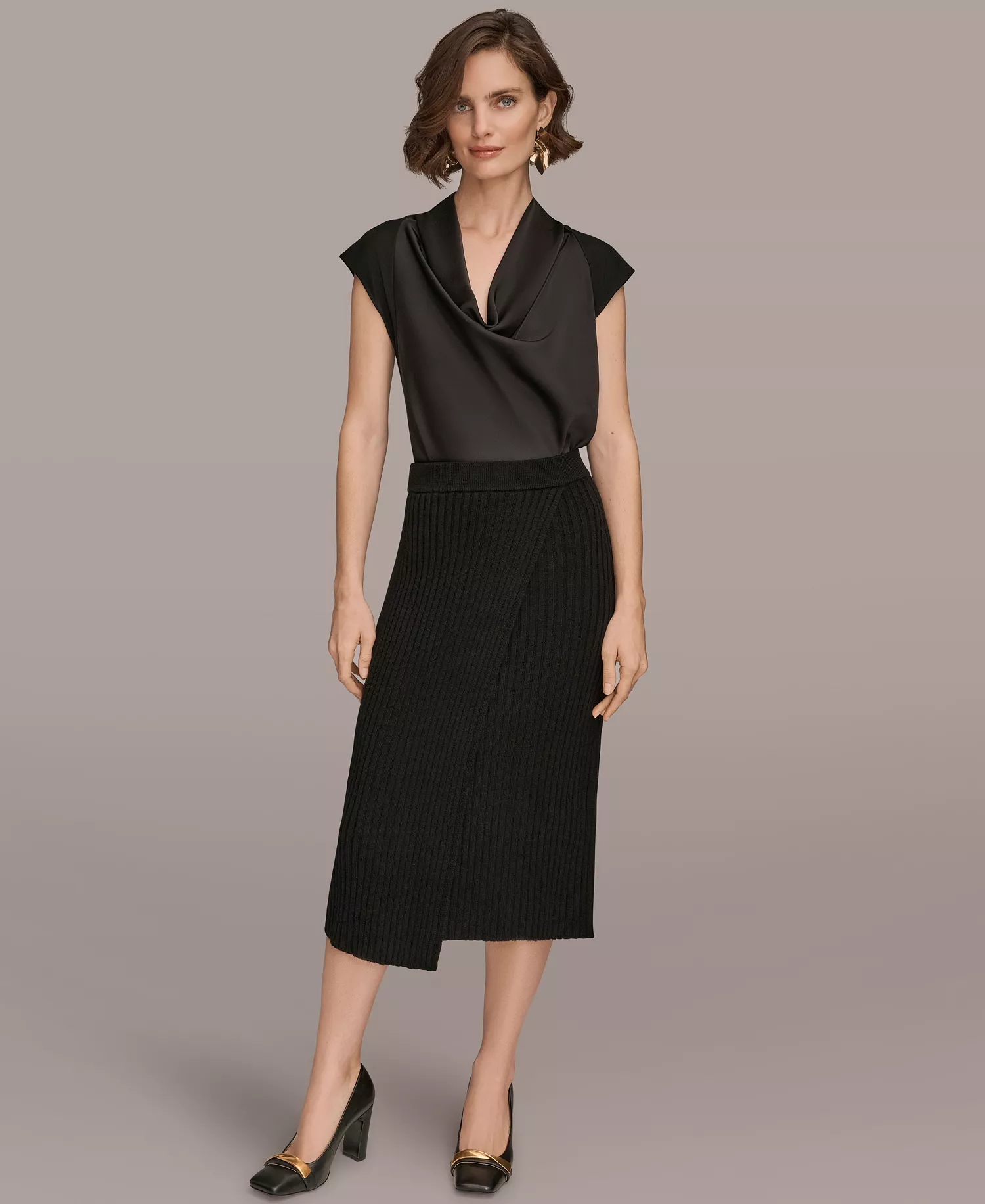 Women's Rib Knit Wrap Midi Skirt - Black - XL