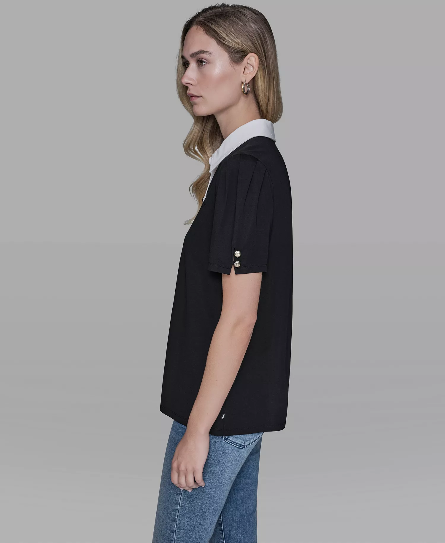 Women's Short-Sleeve Button-Front Top - Black - L