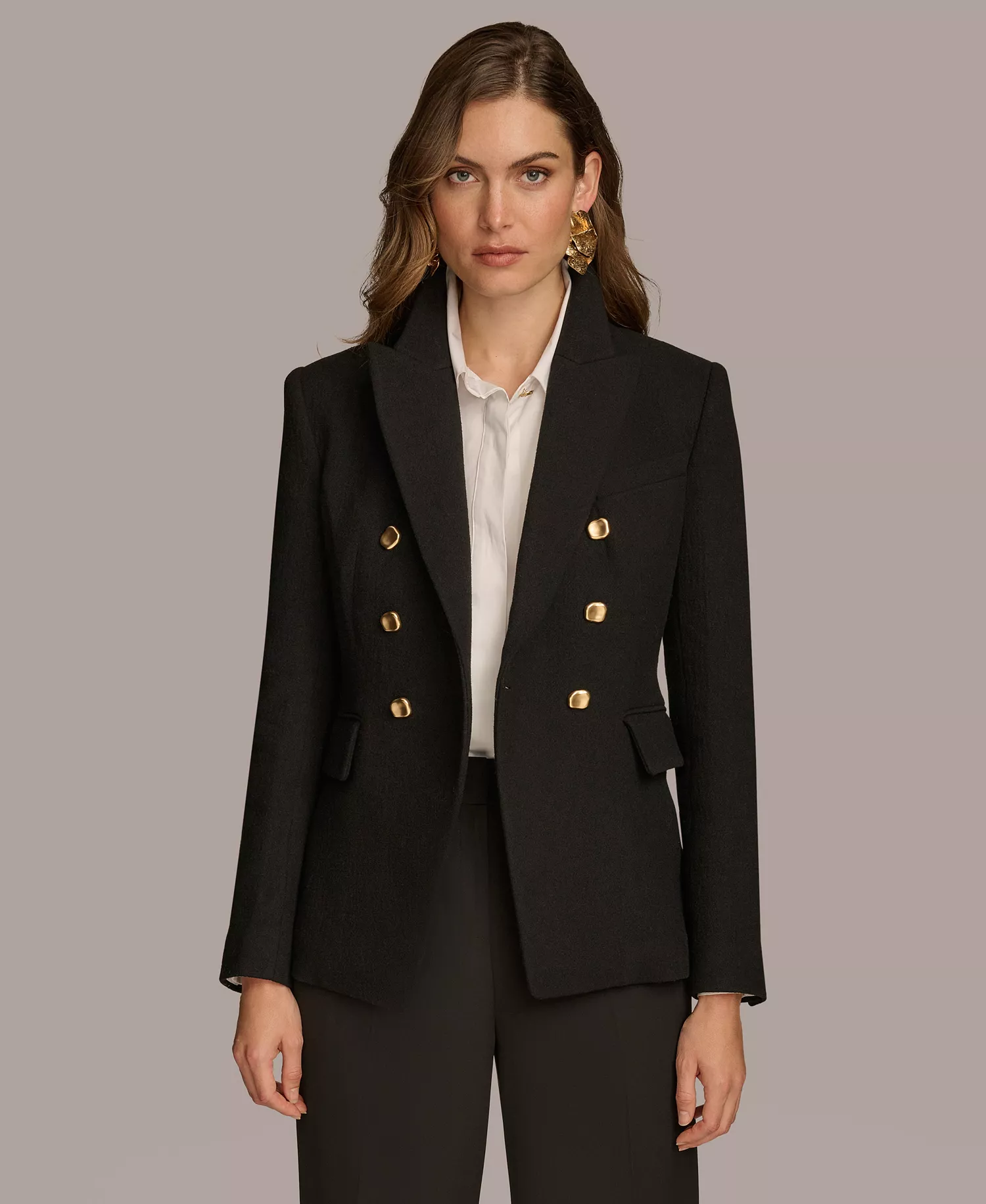 Women's Double Breasted Buttoned Blazer - Black - L