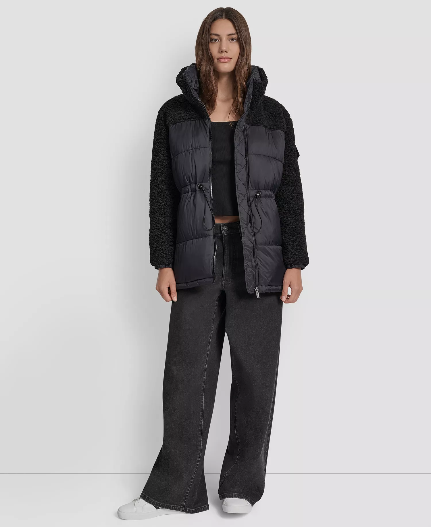 Women's Faux-Sherpa Puffer Mixed Coat - BLK - BLACK - L