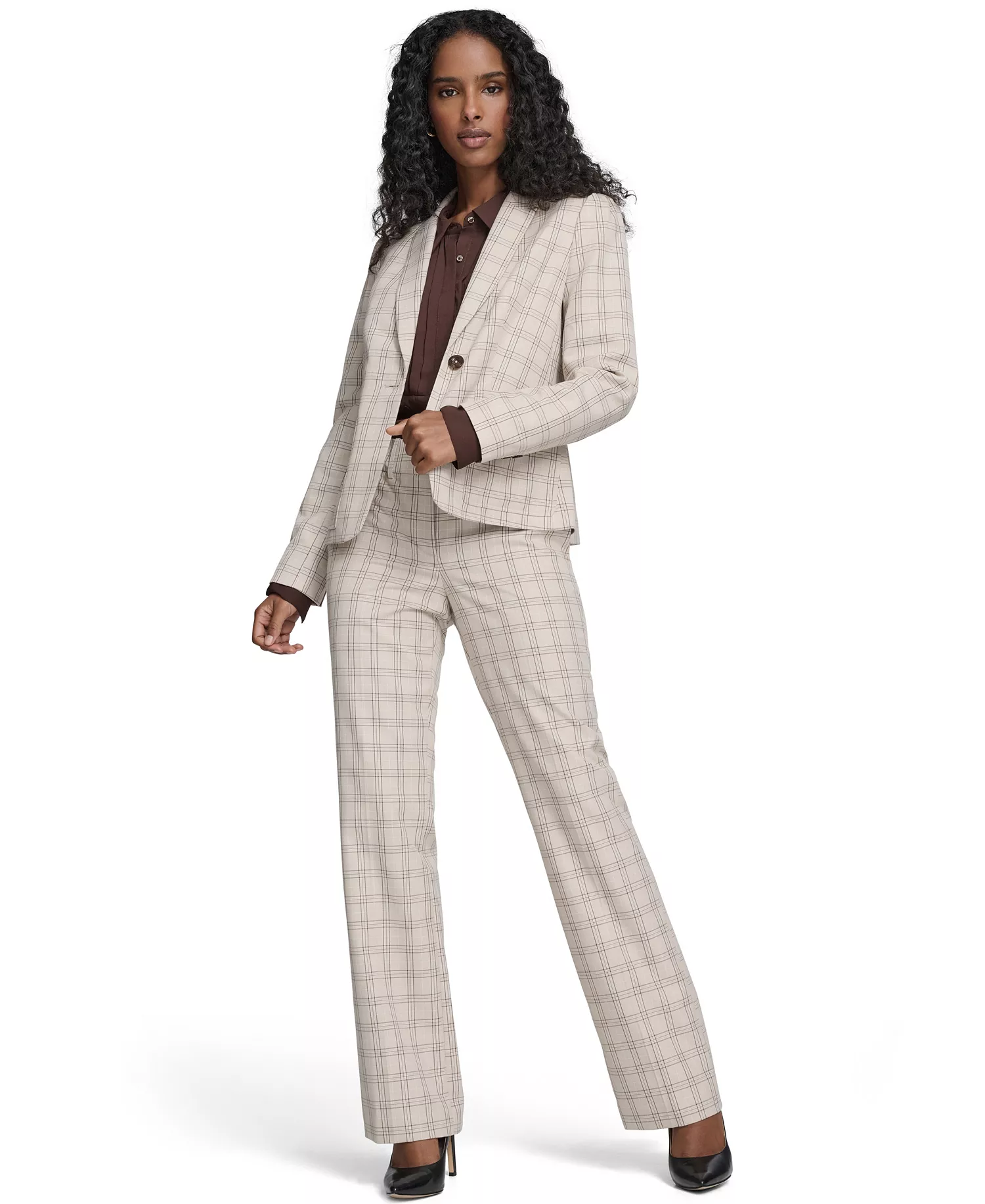 Women's Plaid One Button Blazer Jacket, Plaid Bootcut Trousers and Clip Dot Pleated Bib Pull-On Top - Latte Multi - 0