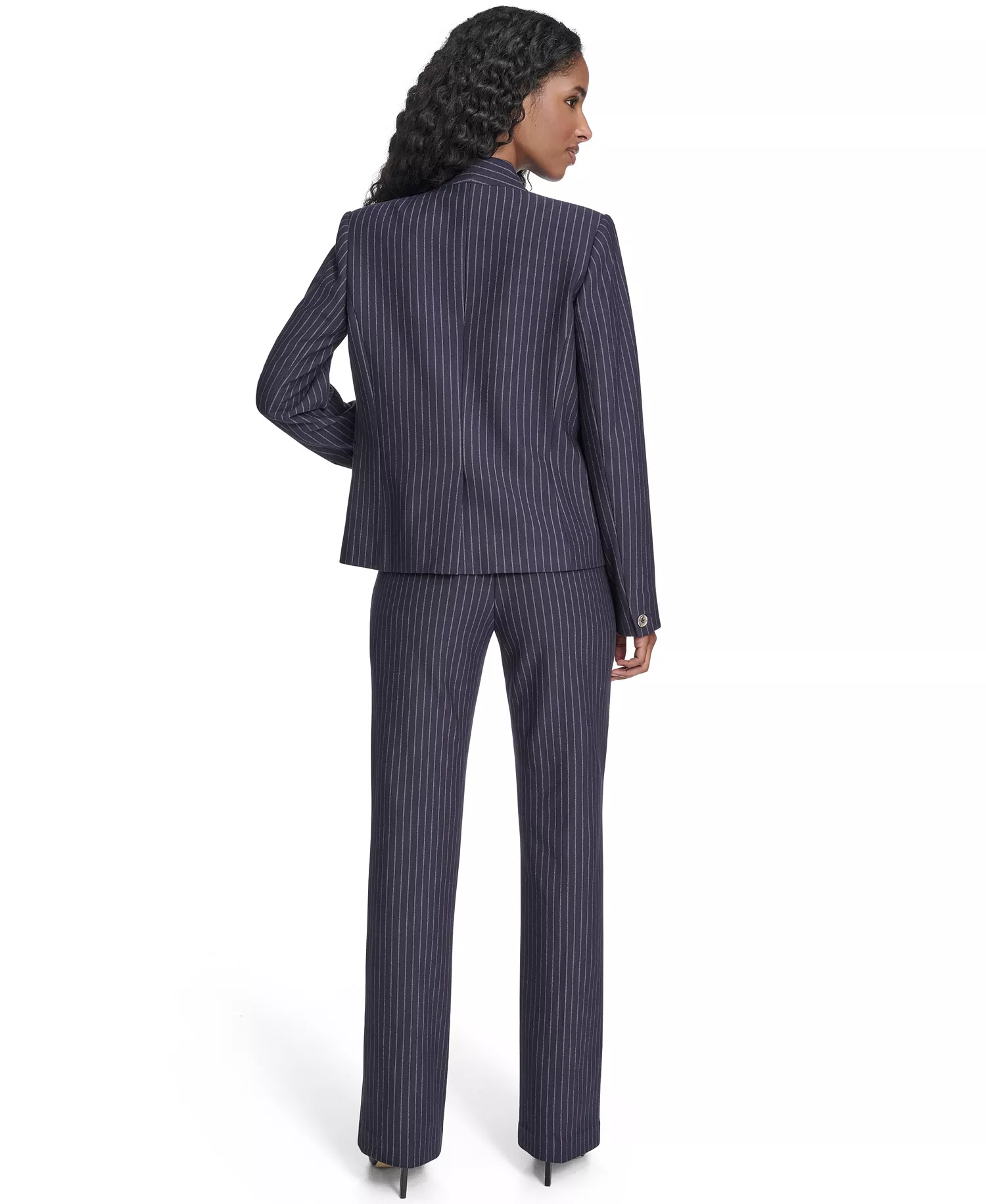 Women's Open Front Jacket, Sutton Pants and Contrast Trim Button Up Blouse - Midnight/ Khaki - 0