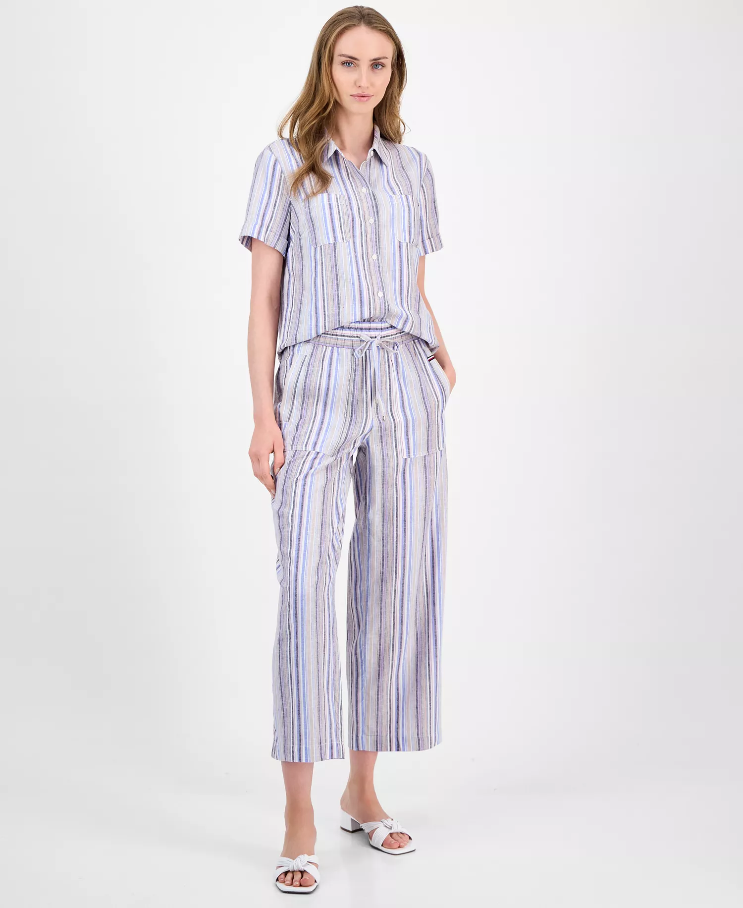 Women's Striped Short-Sleeve Camp Shirt - Provence Blue Multi - L