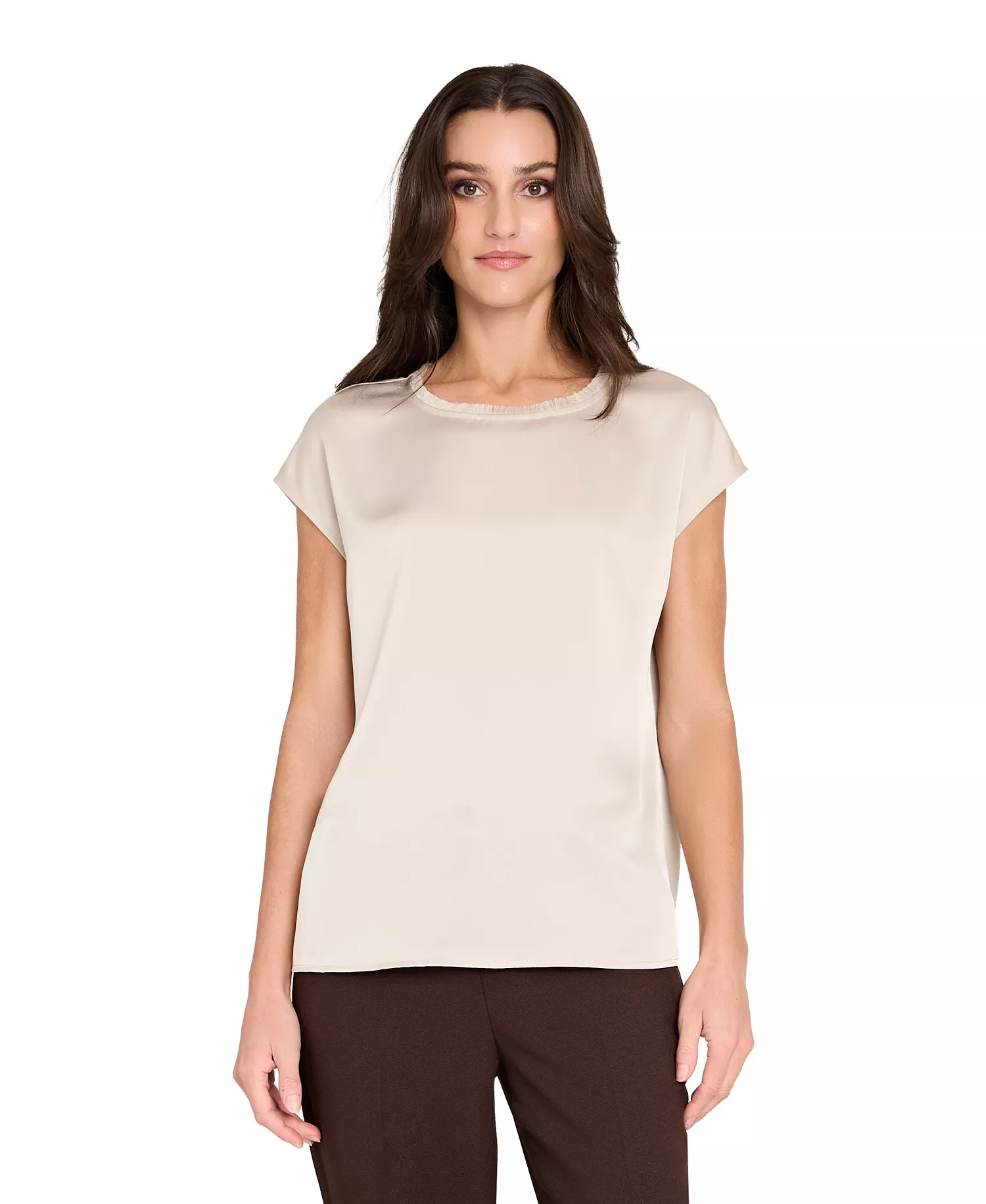 Women's Fringe Crewneck Top - Taupe - XS