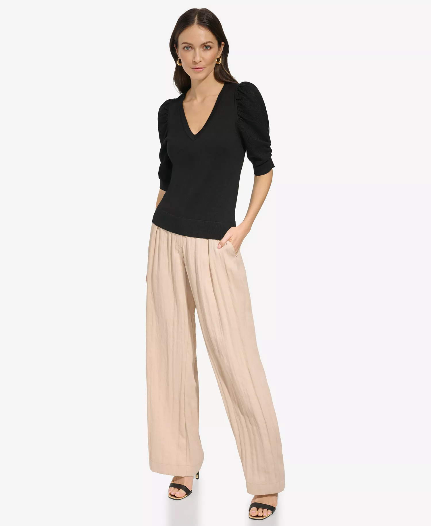 Women's Puff-Sleeve V-Neck Sweater - Black - L