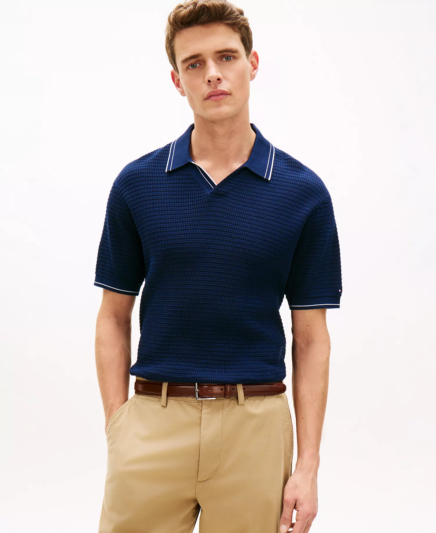Men's Regular-Fit Texture Johnny Collar Tipped Knit Polo Shirt - Navy Iris - L