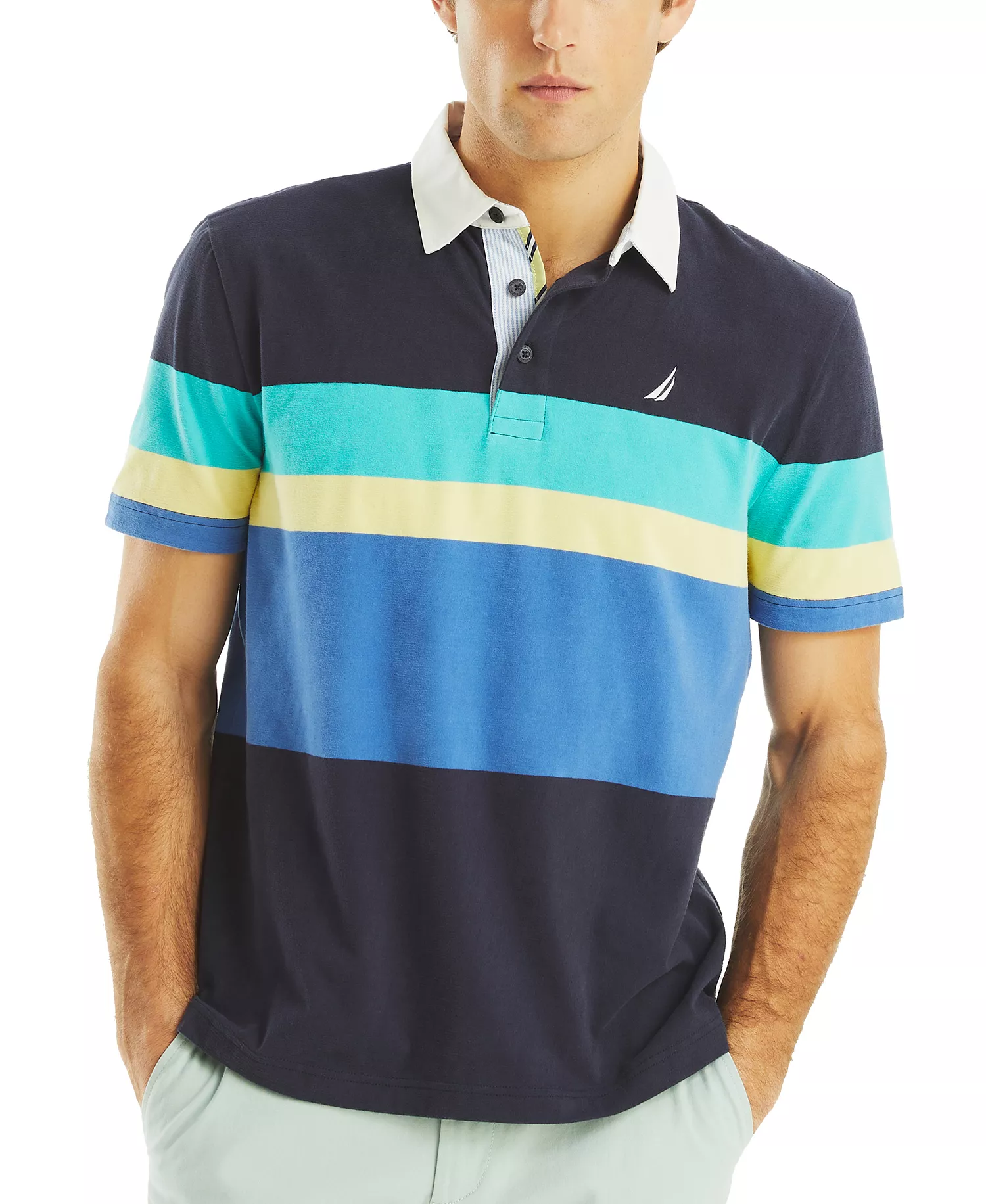Men's Relaxed Fit Short Sleeve Striped Polo Shirt - Navy Seas - L