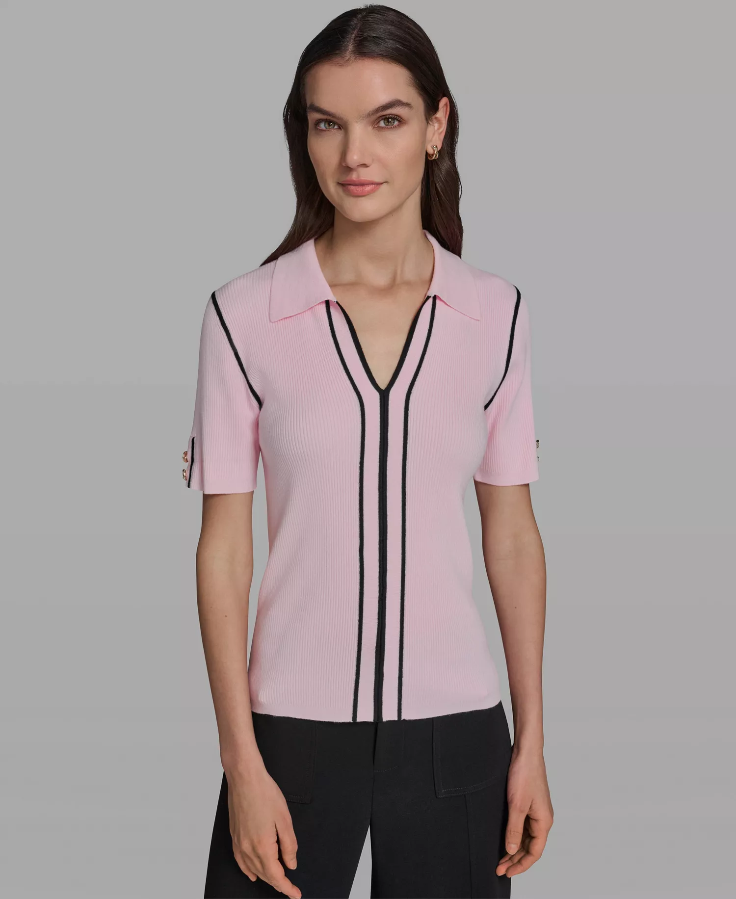 Women's Short-Sleeve Johnny Collar Sweater - Ballet Slipper/black - L