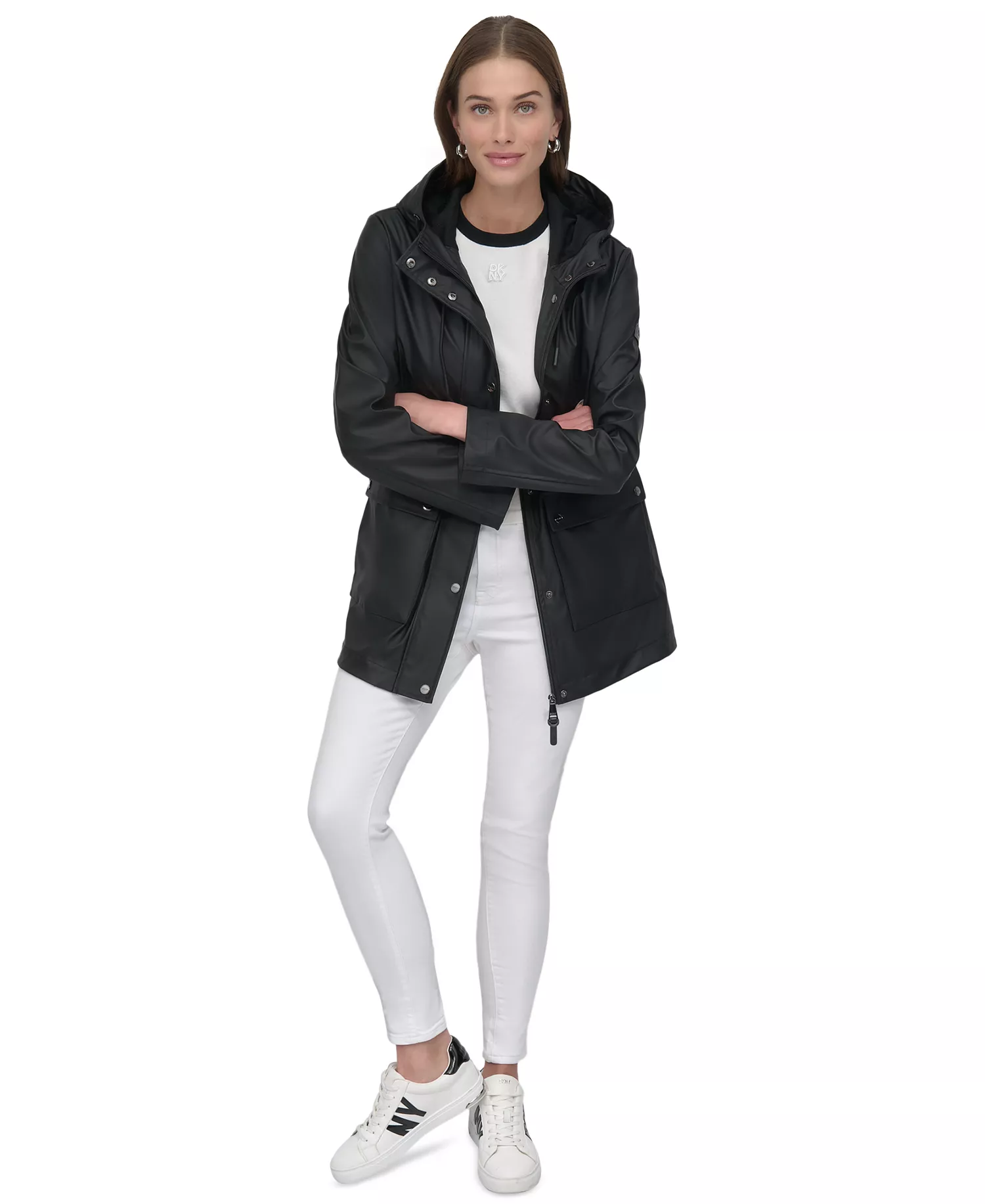 Women's Hooded Zip-Front Water-Resistant Raincoat - Black - S