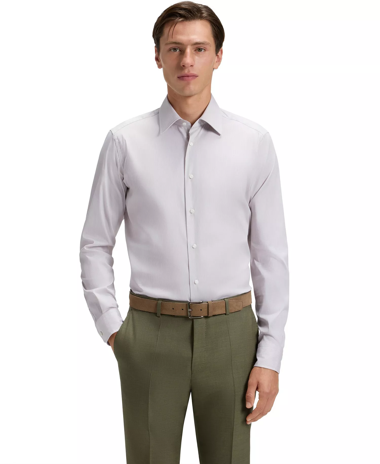 Men's Italian-Made Cotton Blend Dress Shirt - Dark Beige - 15.5