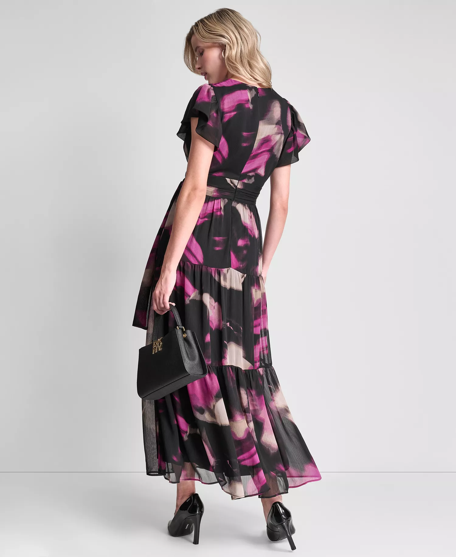 Women's Ruffle Cap Sleeve Surplice Neck Maxi Dress - Black Multi - 10