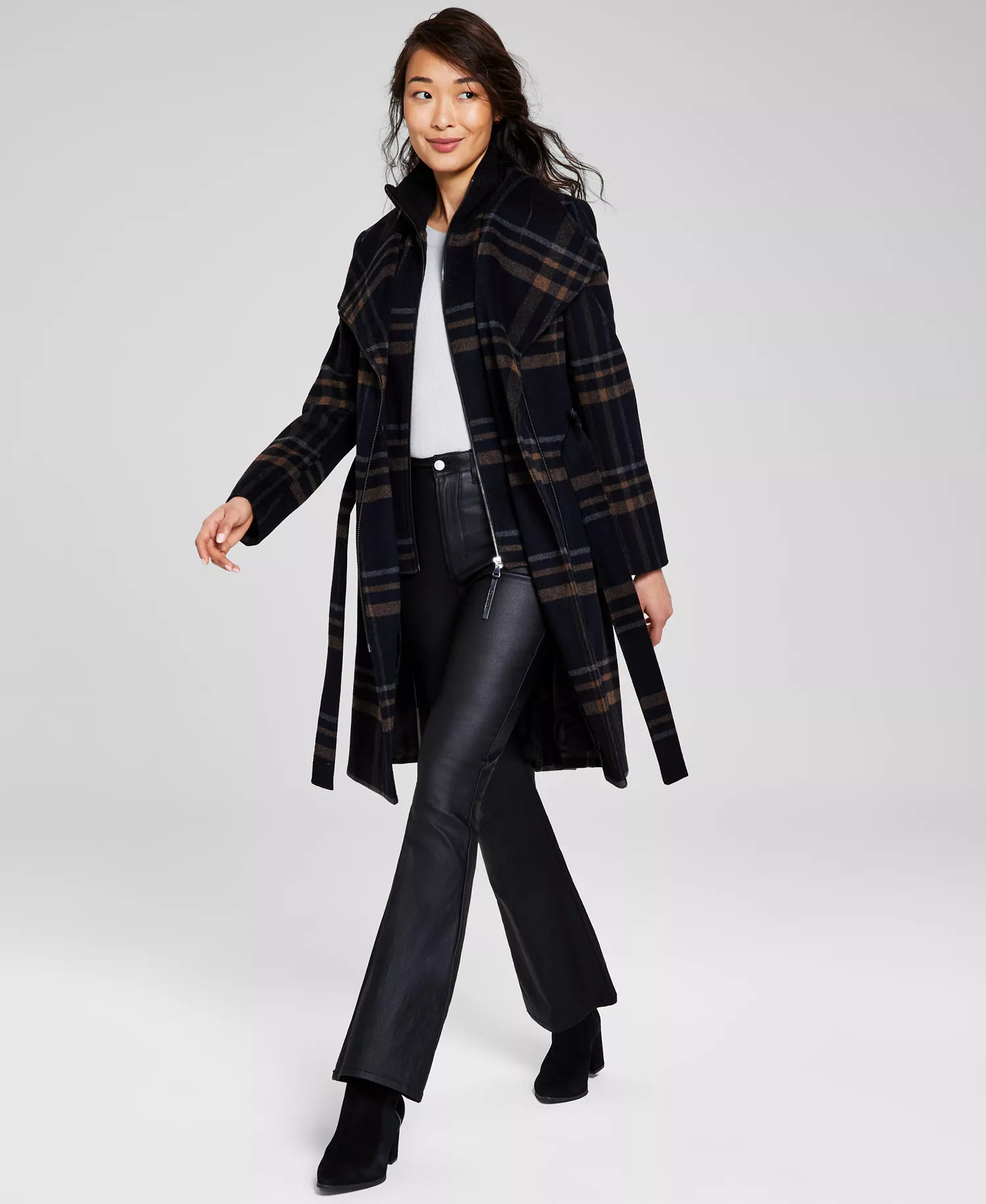 Womens Wool Blend Belted Wrap Coat, Created for Macys - Black Plaid - M