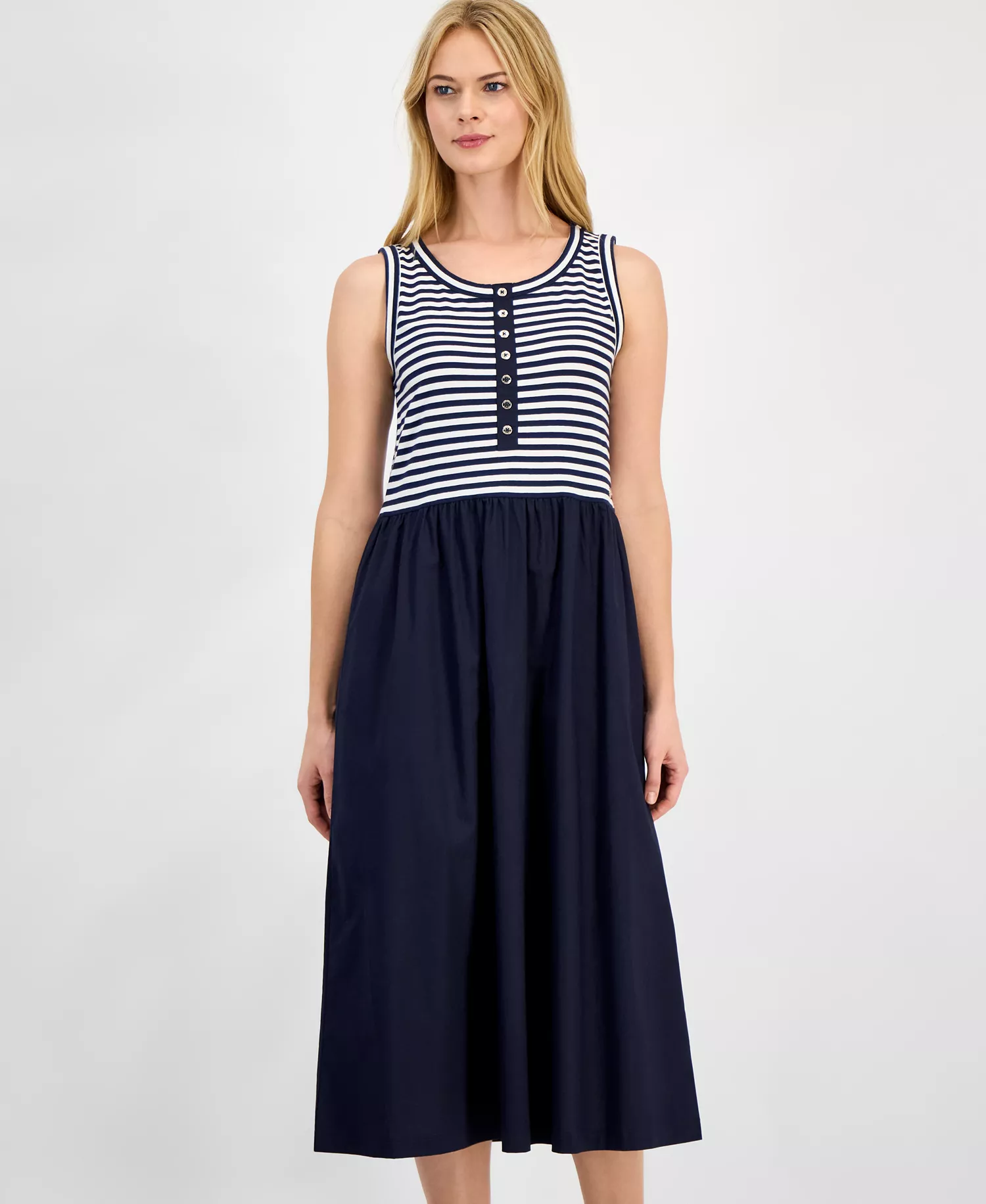 Women's Striped Mixed Media Dress - Night Sky/ Bright White - L