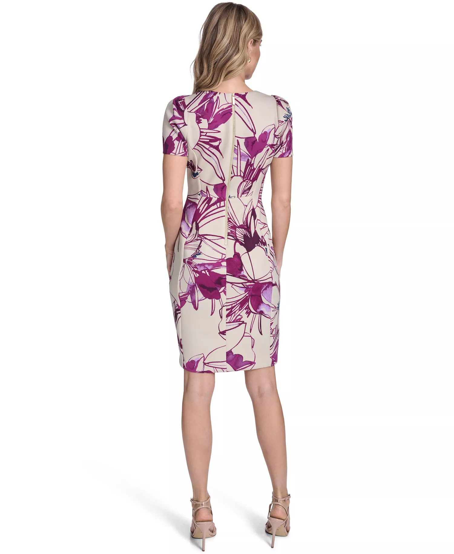 Women's Short-Sleeve Crewneck Sheath Dress - Khaki/Boysenberry - 10