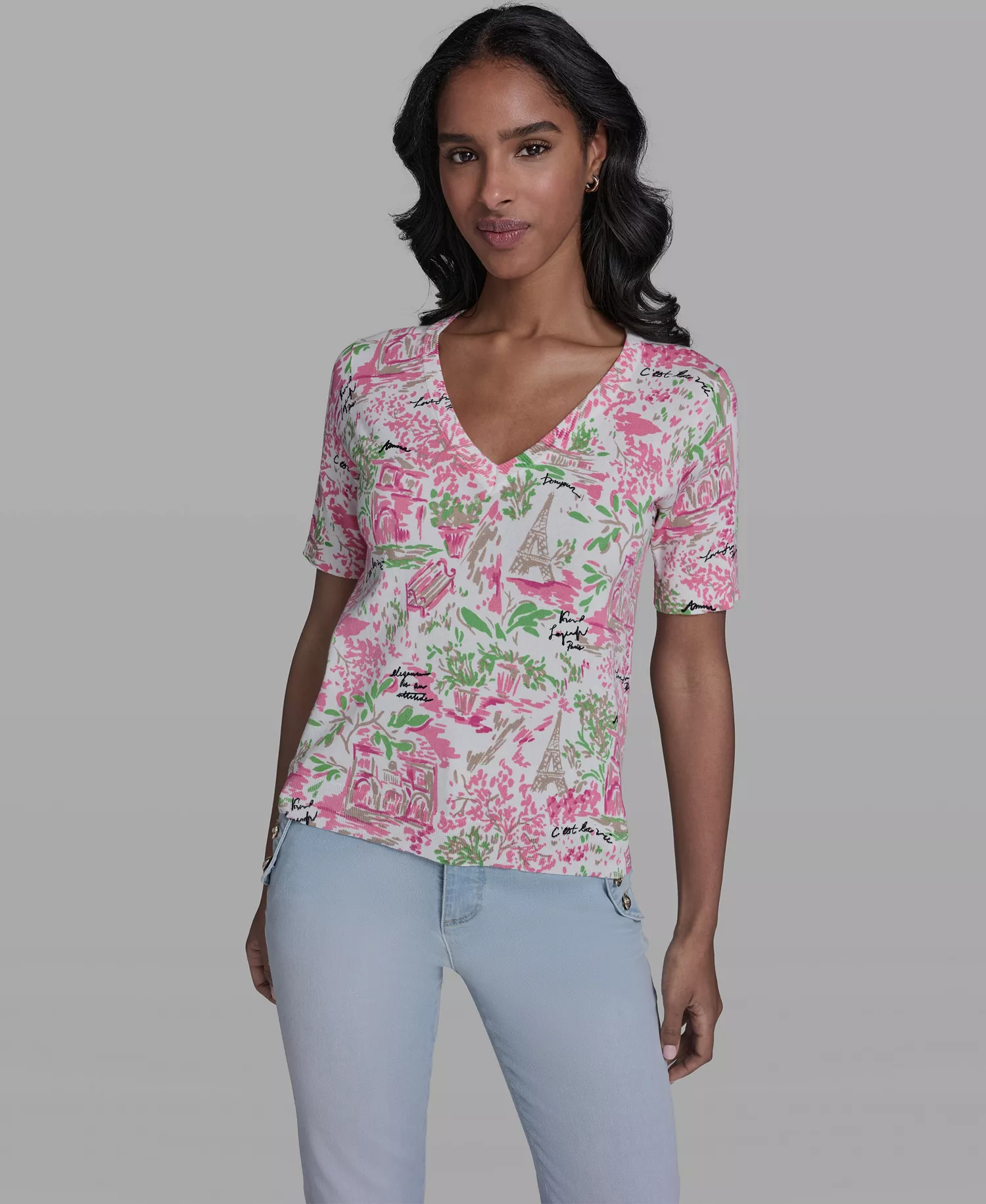 Women's V-Neck Parisian Floral Printed Pull-On Sweater - Soft White/pink Carnation Multi - L
