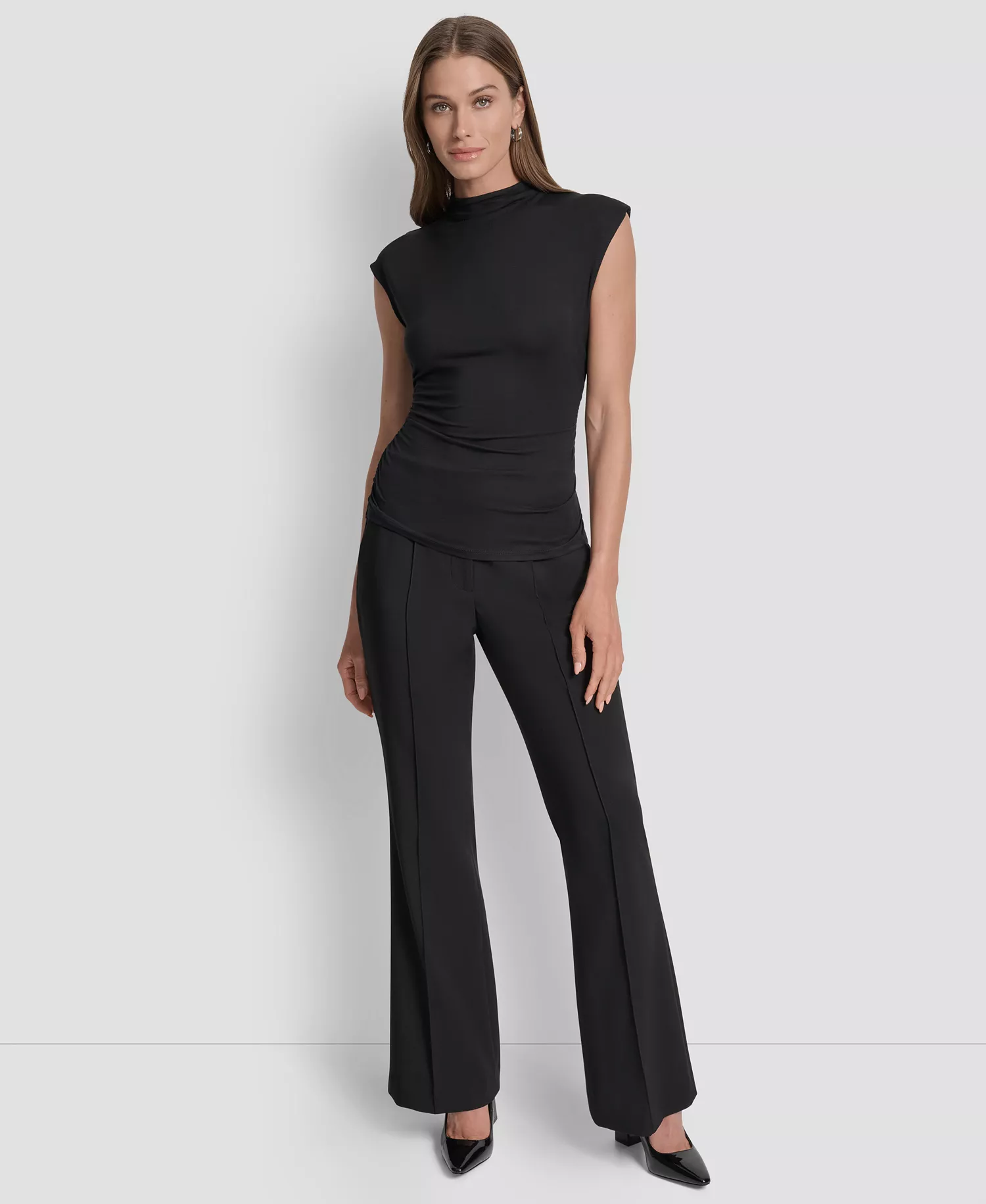 Petite Mock-Neck Sleeveless Side-ruched Knit Top - Black - PL