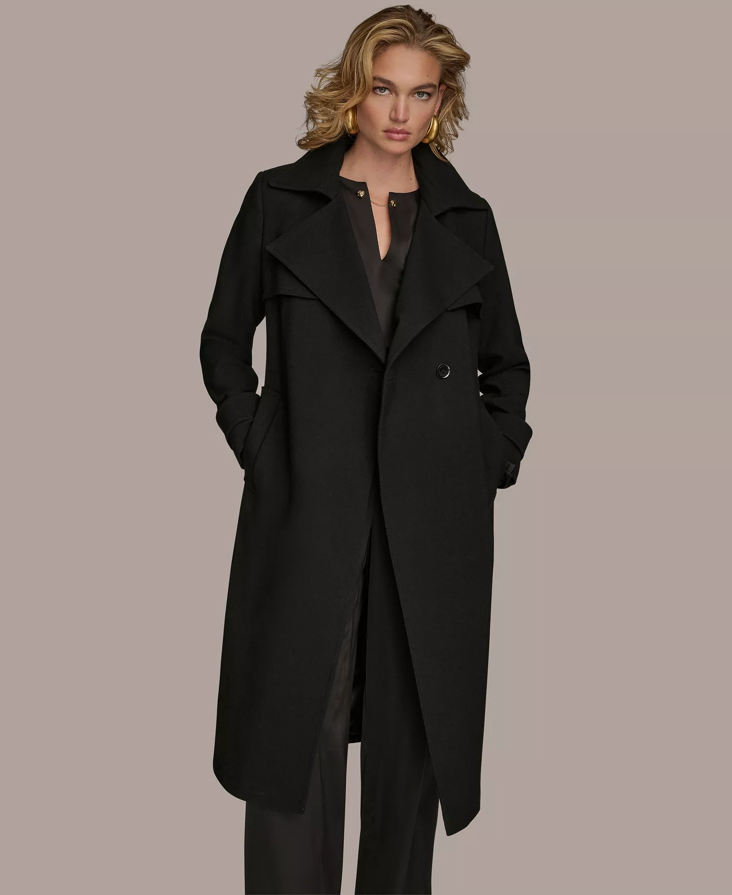 Women's Belted Notched-Collar Trench Coat - Black - L