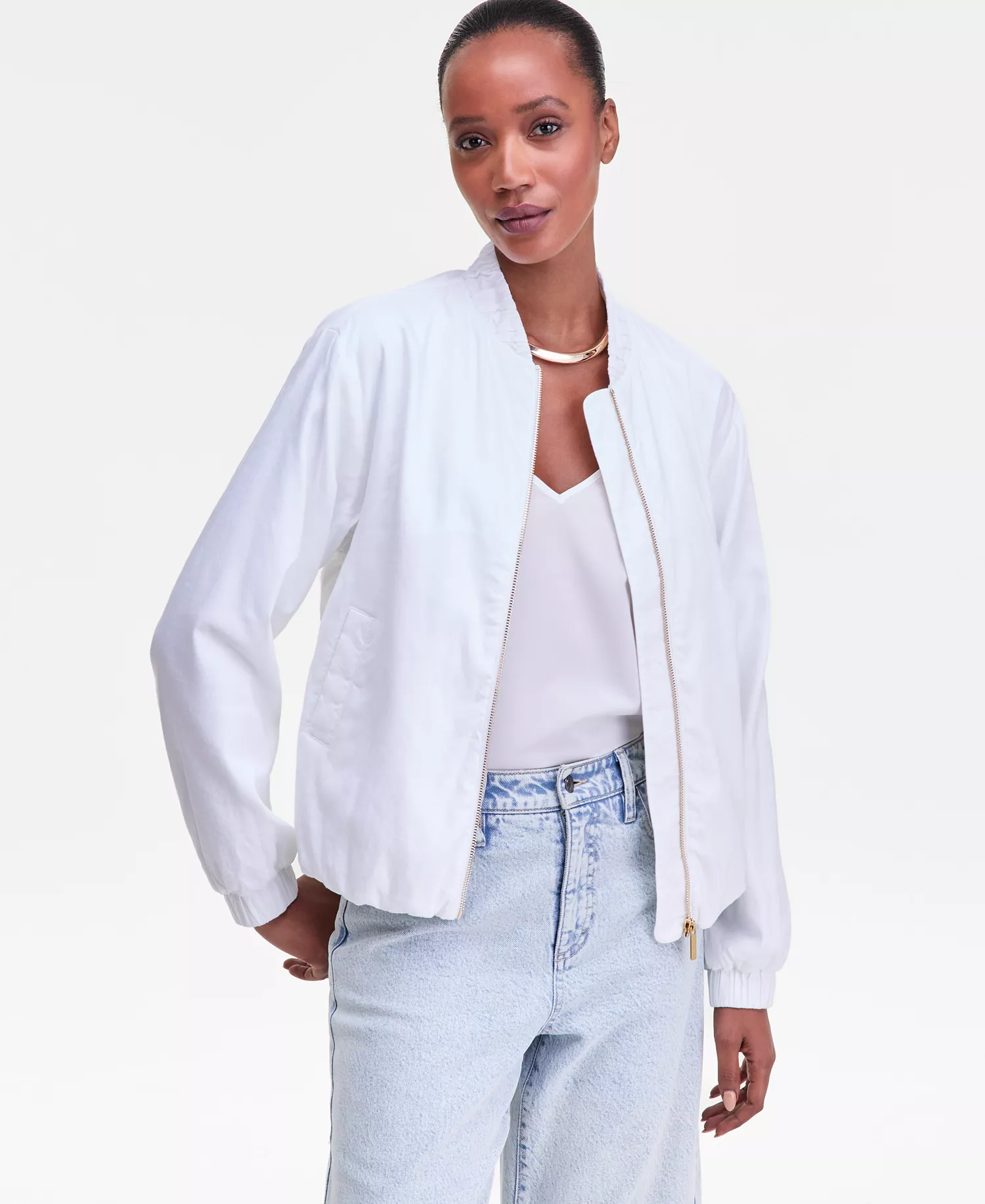 Women's Linen Bomber Jacket, Macy's Exclusive - Bright Whi - L